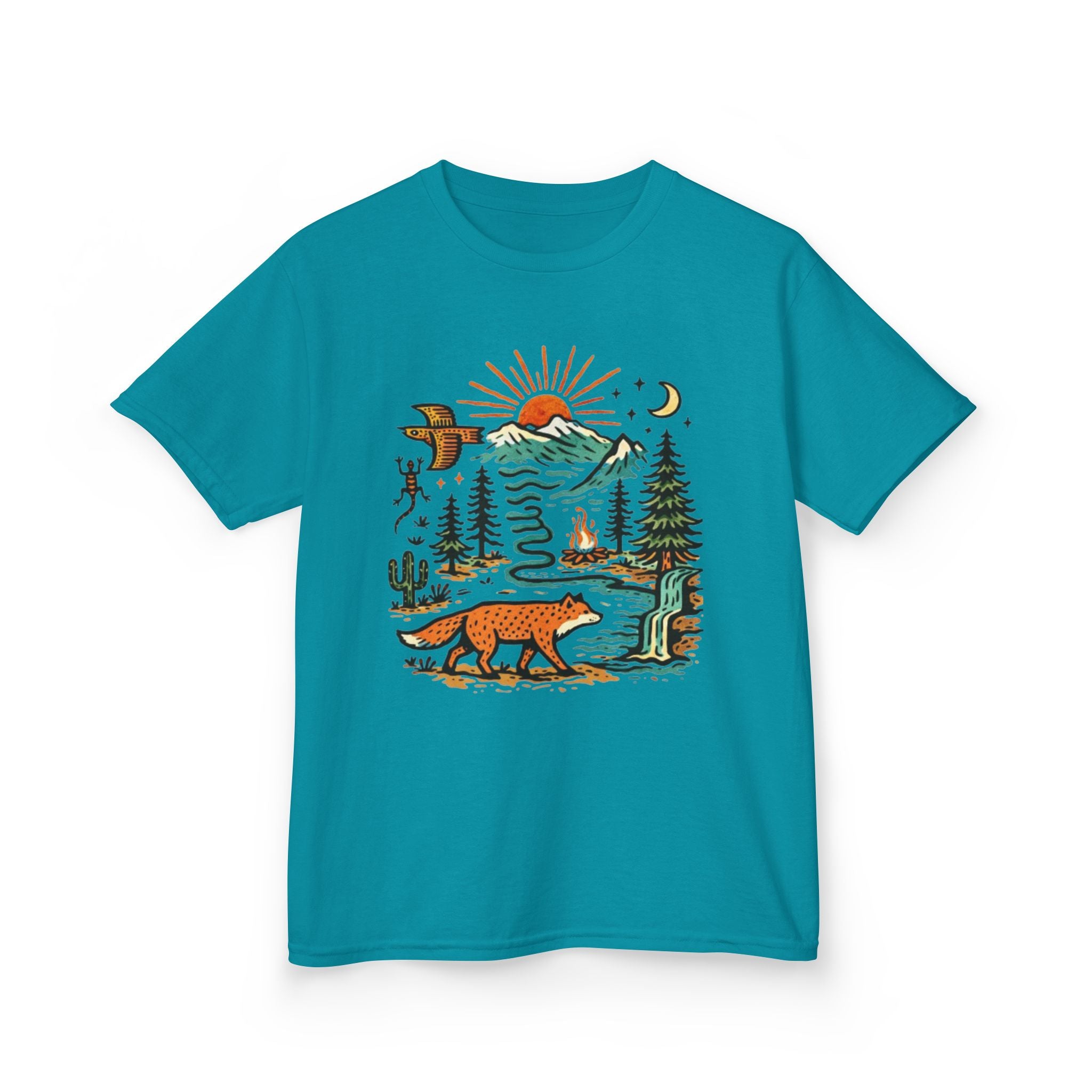 Kids T-Shirt | Retro Nature Scene with Fox Mountains & Sun | Adventure Outdoor Tee