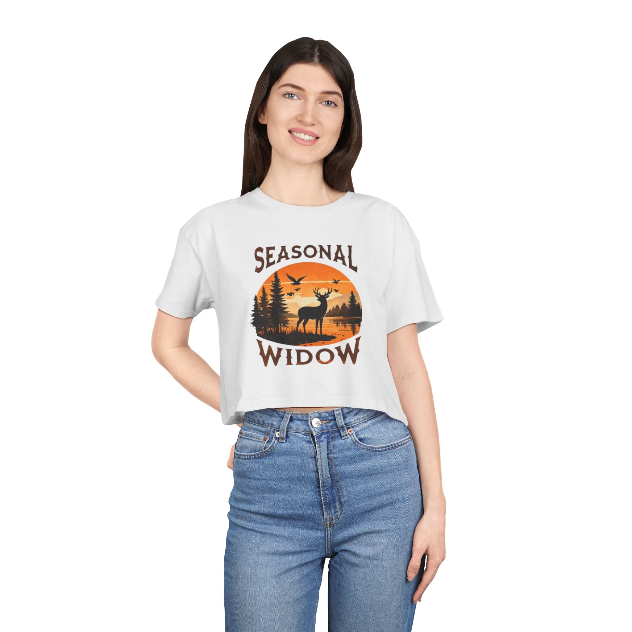 Seasonal Widow Crop Tee | Autumn Hunting Deer Sunset Graphic