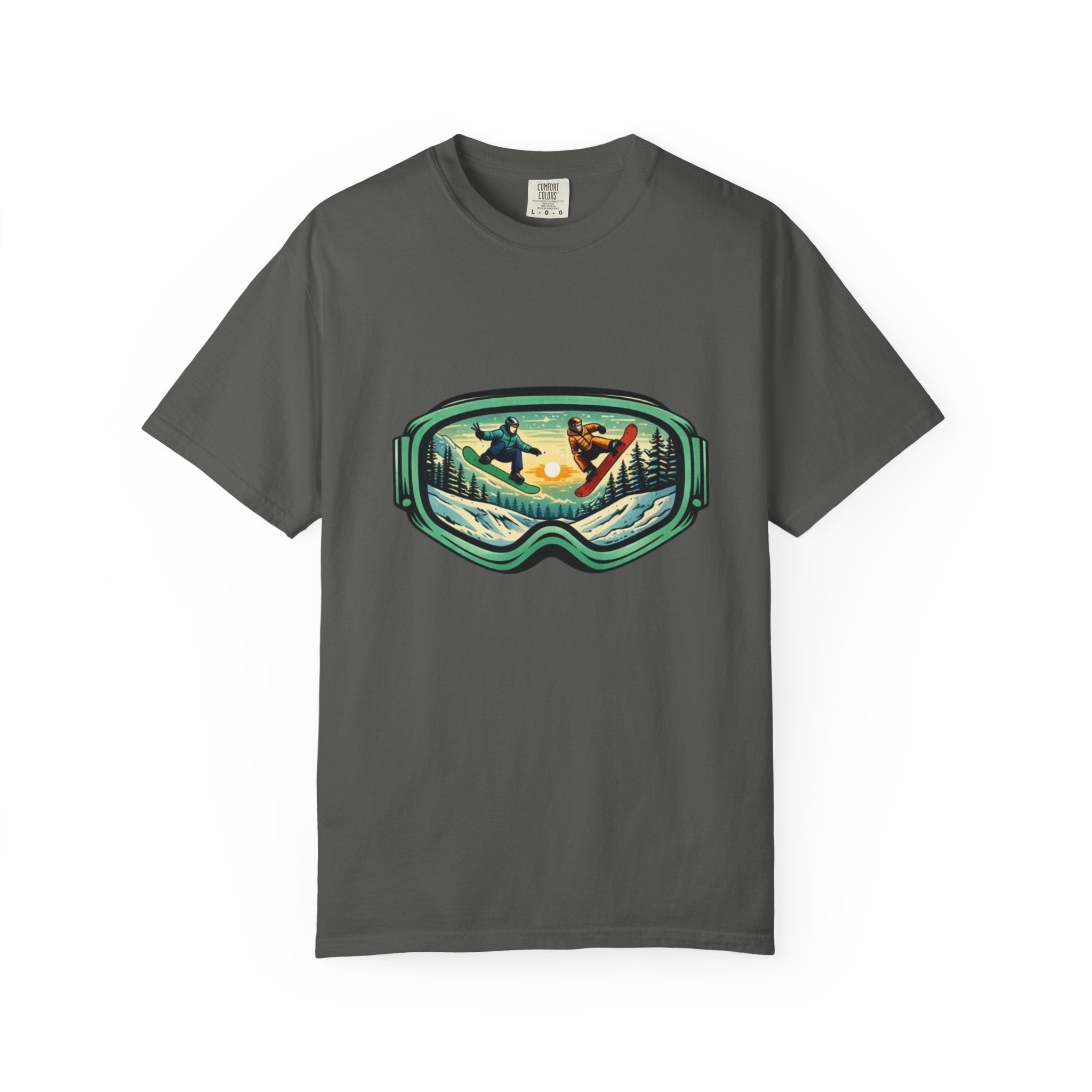 Snowboard Goggles Graphic T-Shirt | Mountain Scene with Ride the Ridge Design