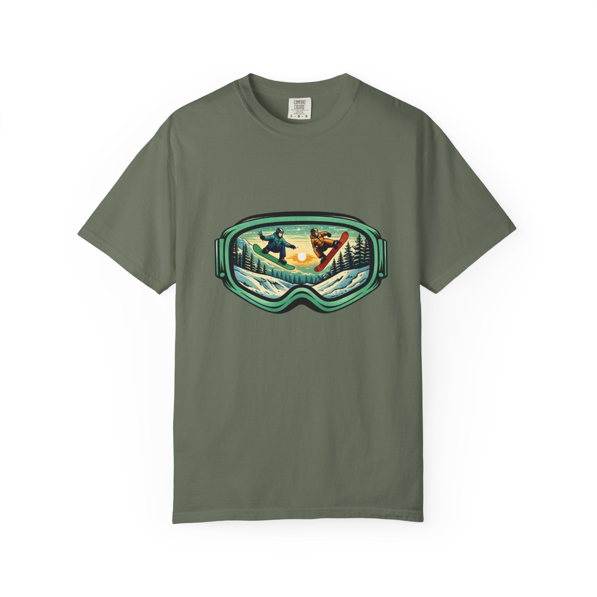 Snowboard Goggles Graphic T-Shirt | Mountain Scene with Ride the Ridge Design