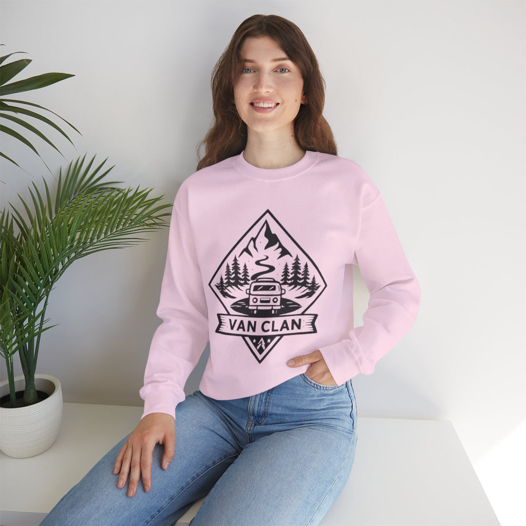 Van Clan Crewneck Sweatshirt | Vintage Camper Van Mountain Graphic