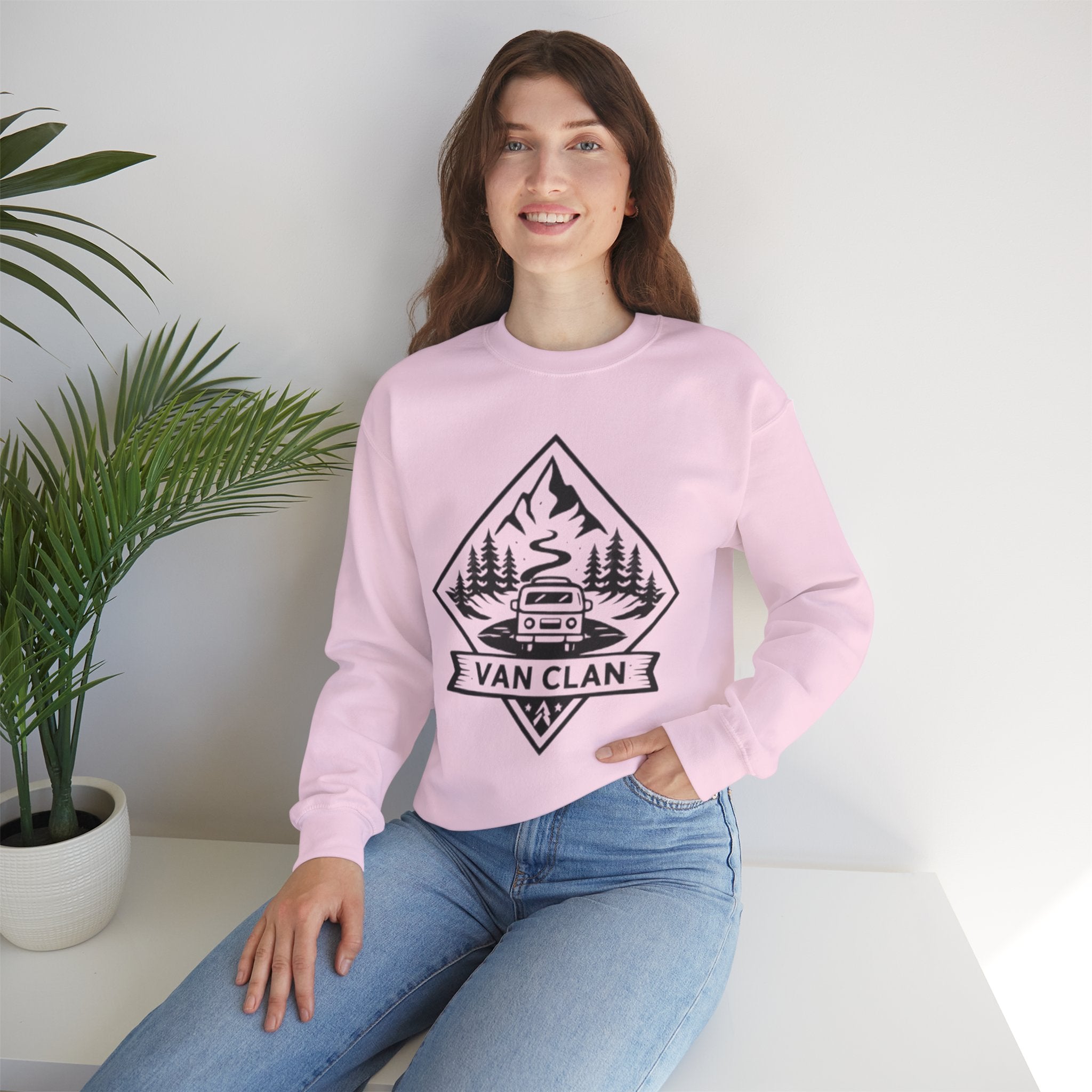 Van Clan Crewneck Sweatshirt | Vintage Camper Van Mountain Graphic