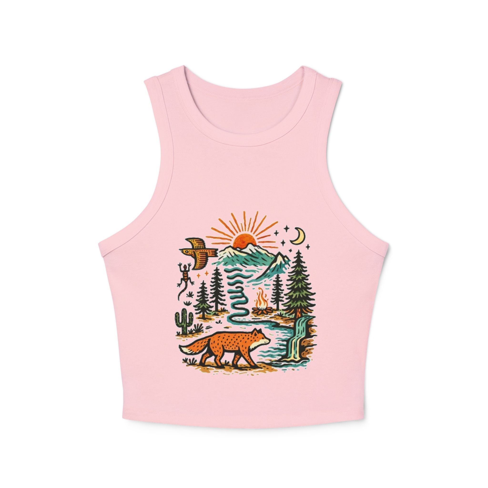 Womens Ribbed Tank Top | Sunset Wilderness Nature Graphic | Fox & Mountains
