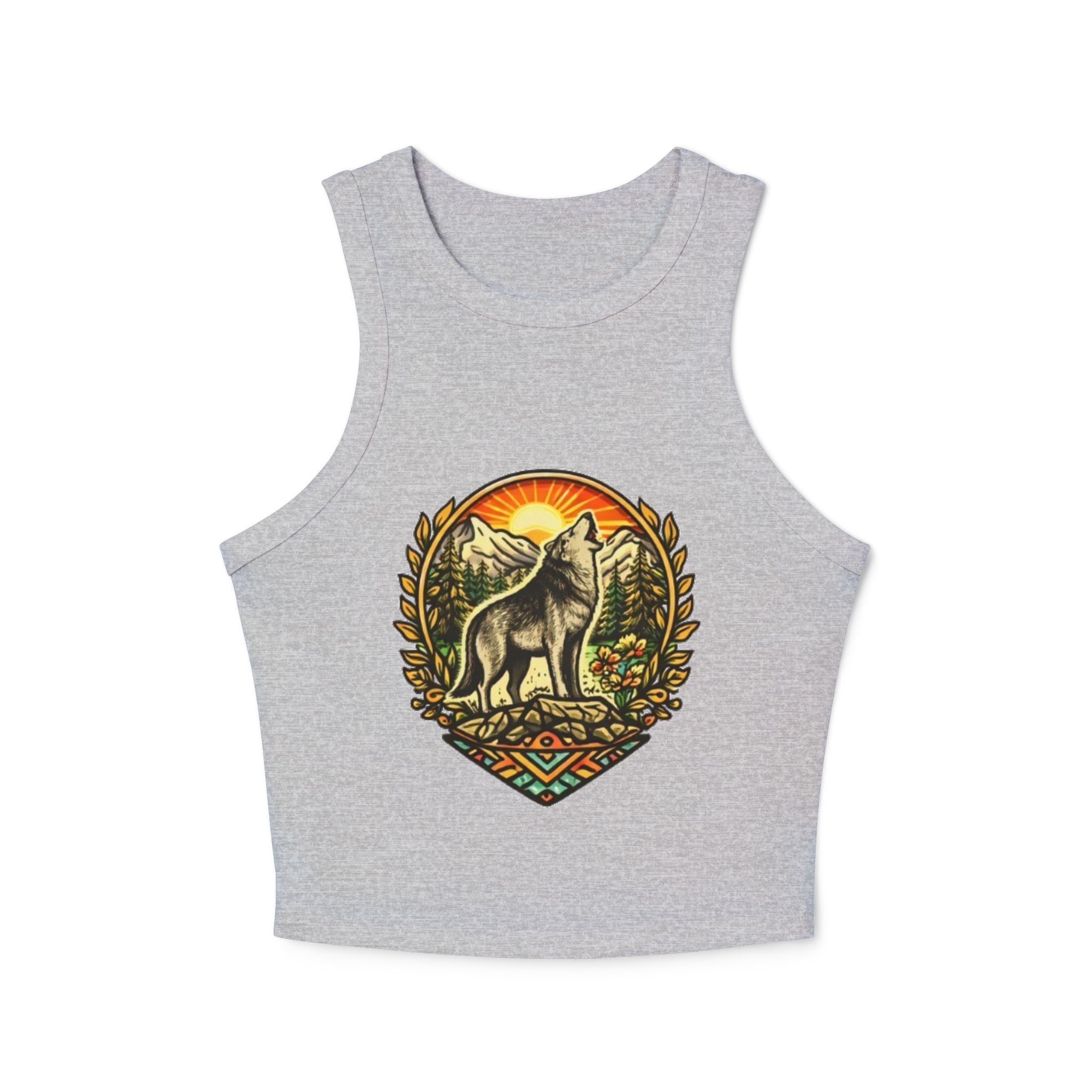 Wolf Sunrise Racer Tank Top | Vintage Nature Graphic Crop