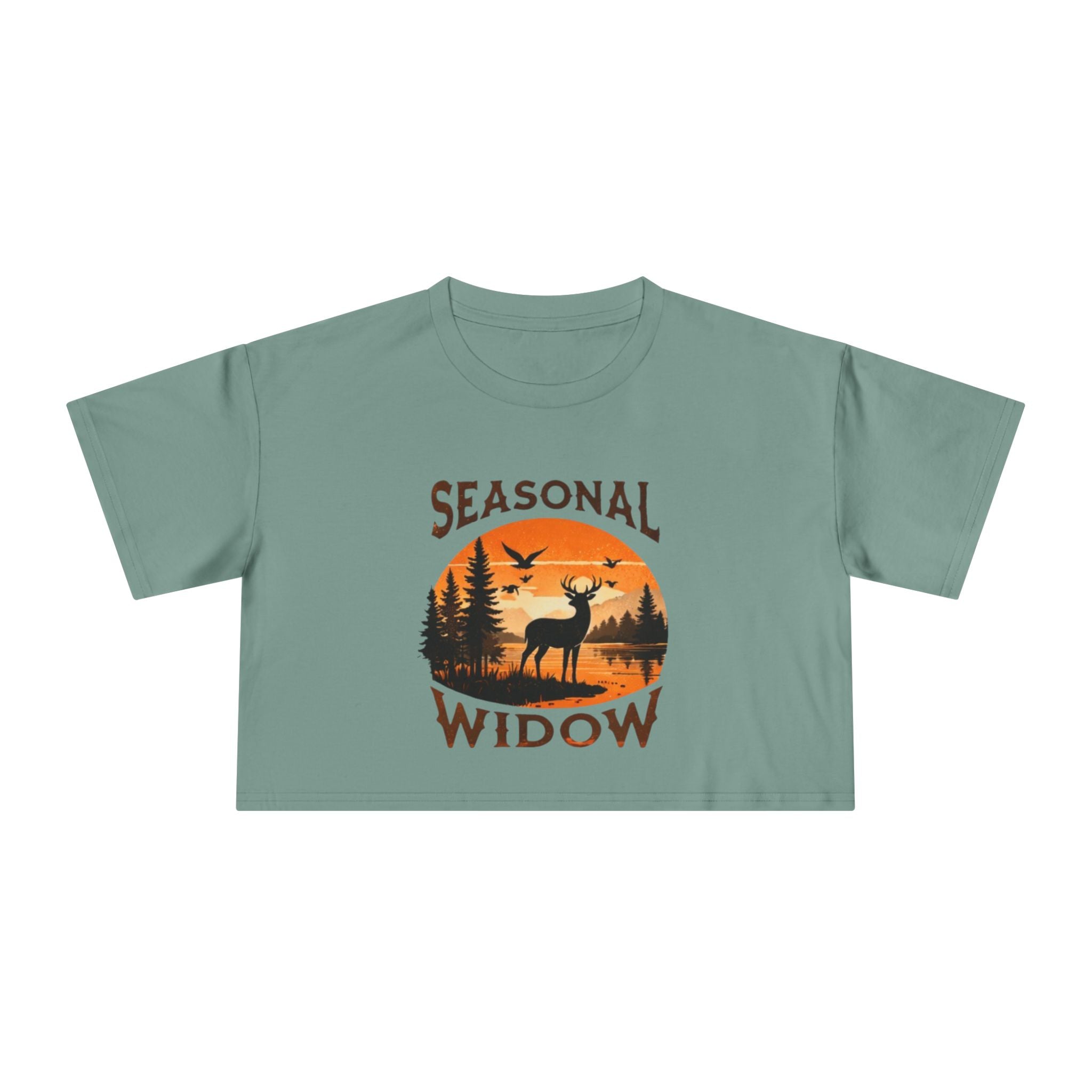 Seasonal Widow Crop Tee | Autumn Hunting Deer Sunset Graphic