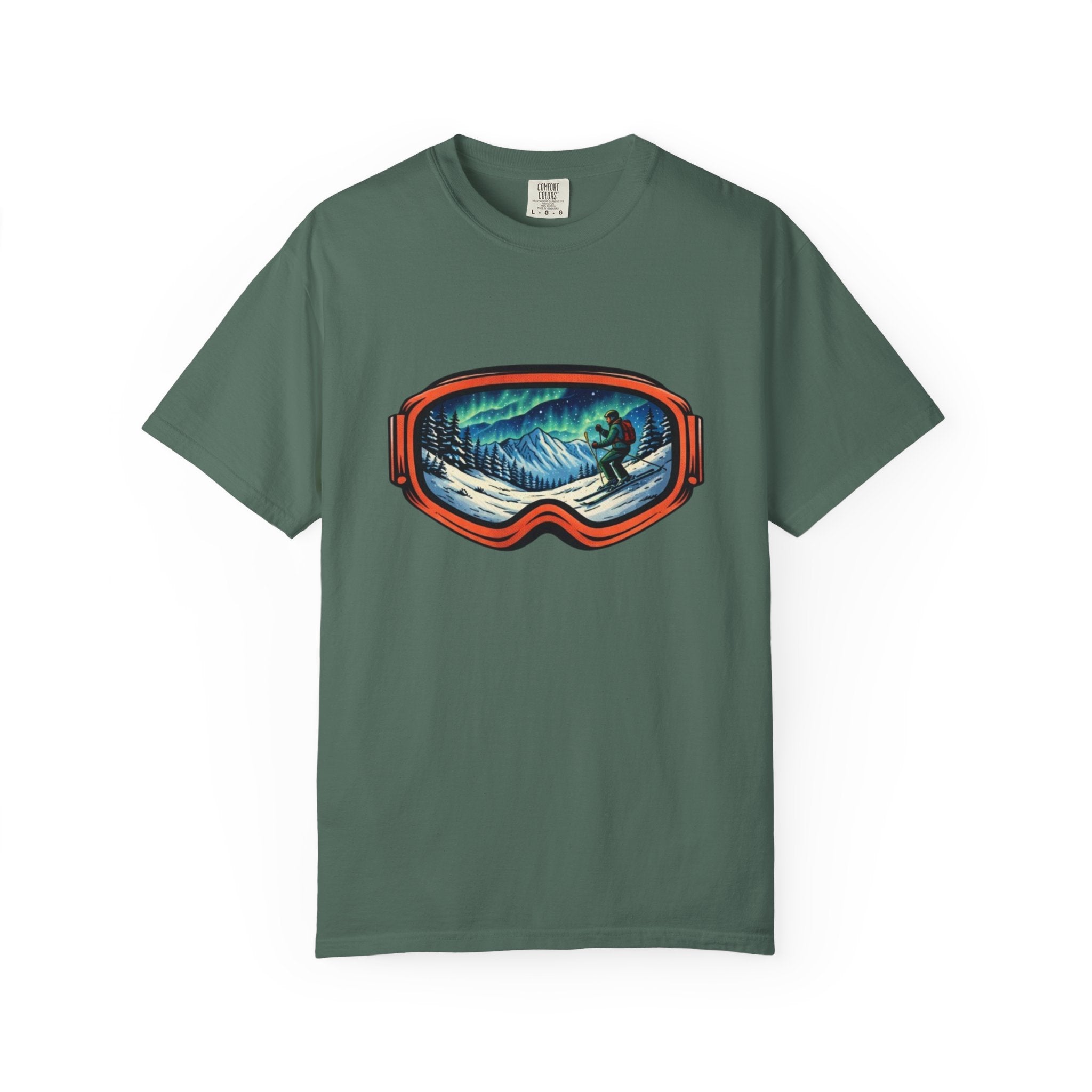 Northern Lights Ski Goggles T-Shirt | Aurora Skiing Landscape Design