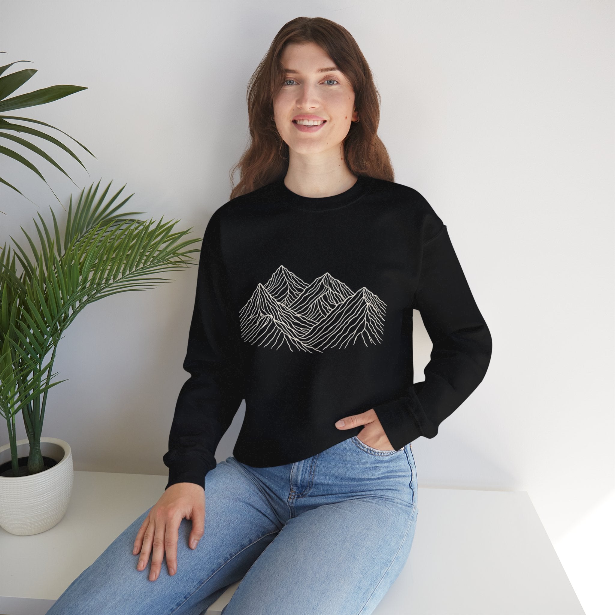 Mountain Line Art Crewneck Sweatshirt | Minimalist Outdoor Graphic Sweater
