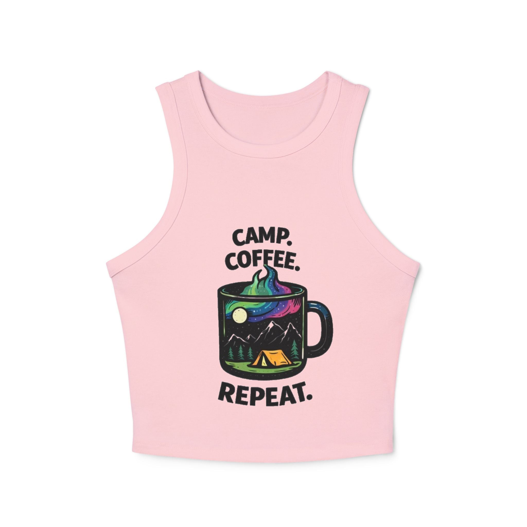 Camp Coffee Repeat Racer Tank | Womens Camping Coffee Graphic Tank Top