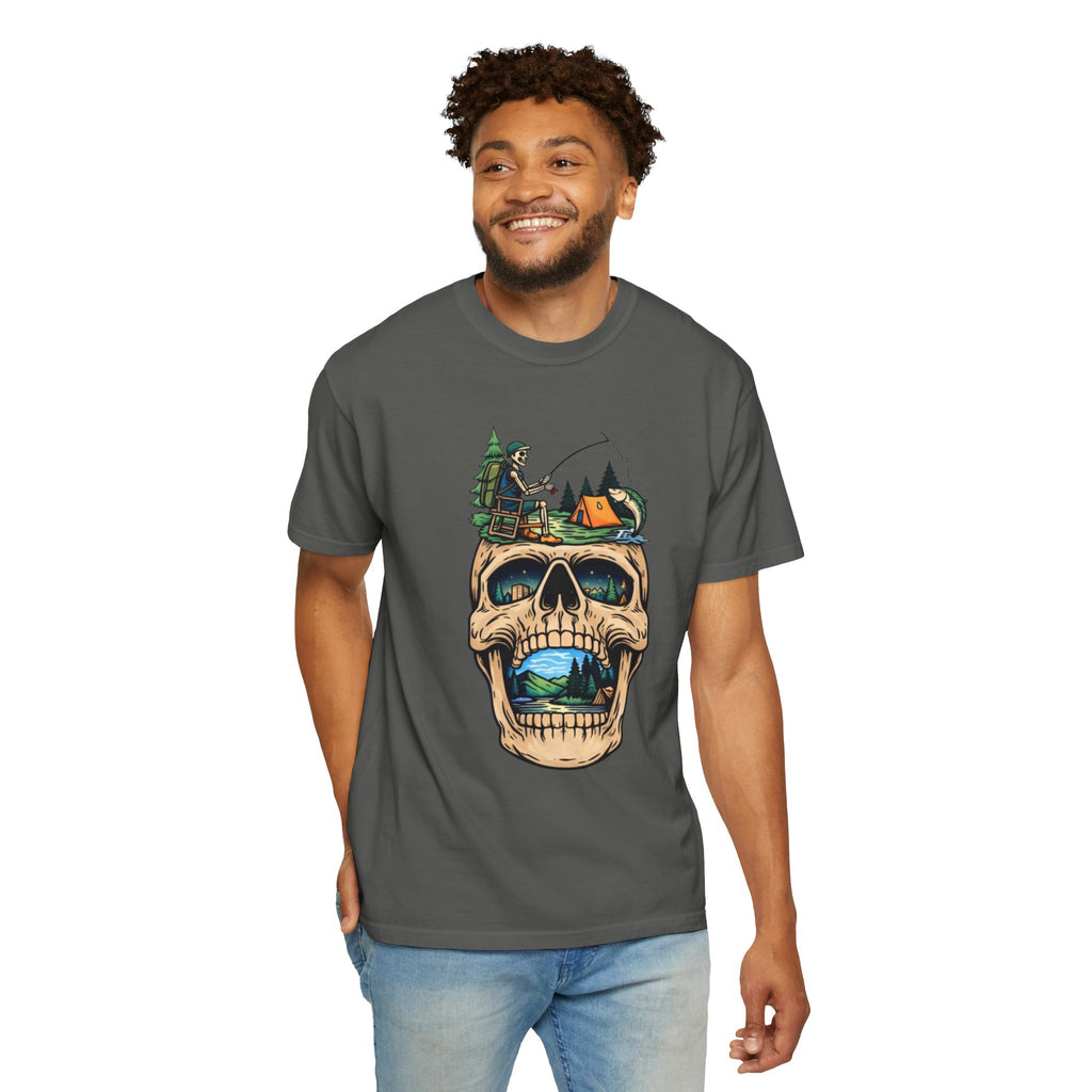 Skull Camping Scene T-shirt | Fishing Camper, Tent & Forest Graphic