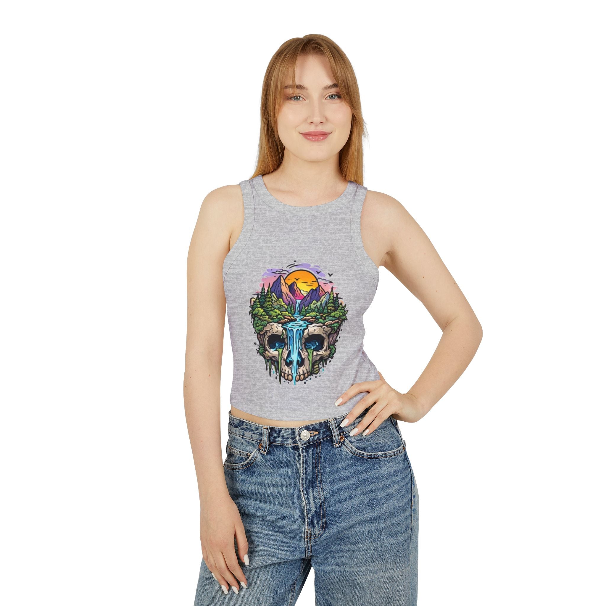 Womens Skull Landscape Racer Tank Top | Waterfall Skull Nature Graphic Crop