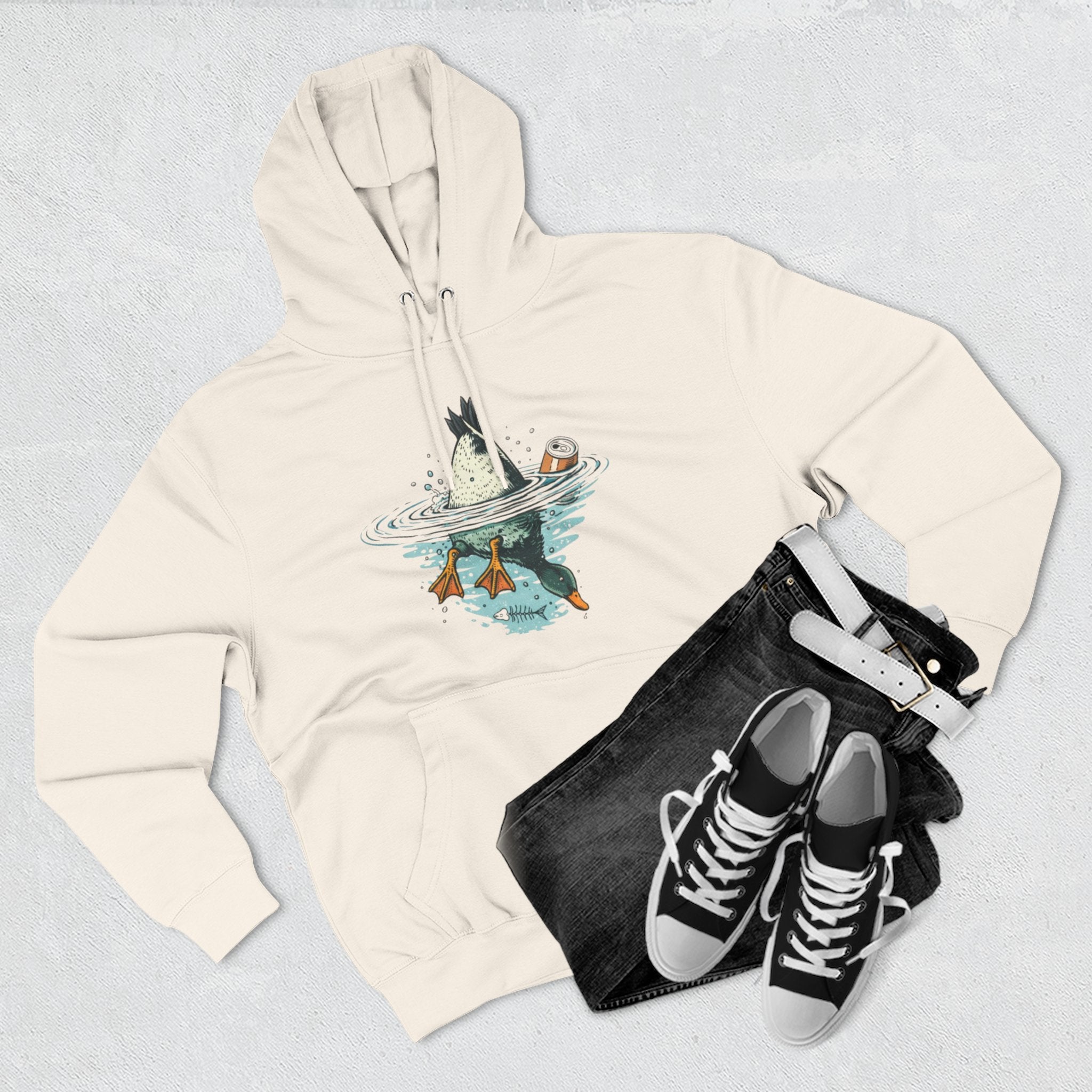 Bottoms Up Duck Fleece Hoodie | Beer Can Graphic Three Panel Pullover