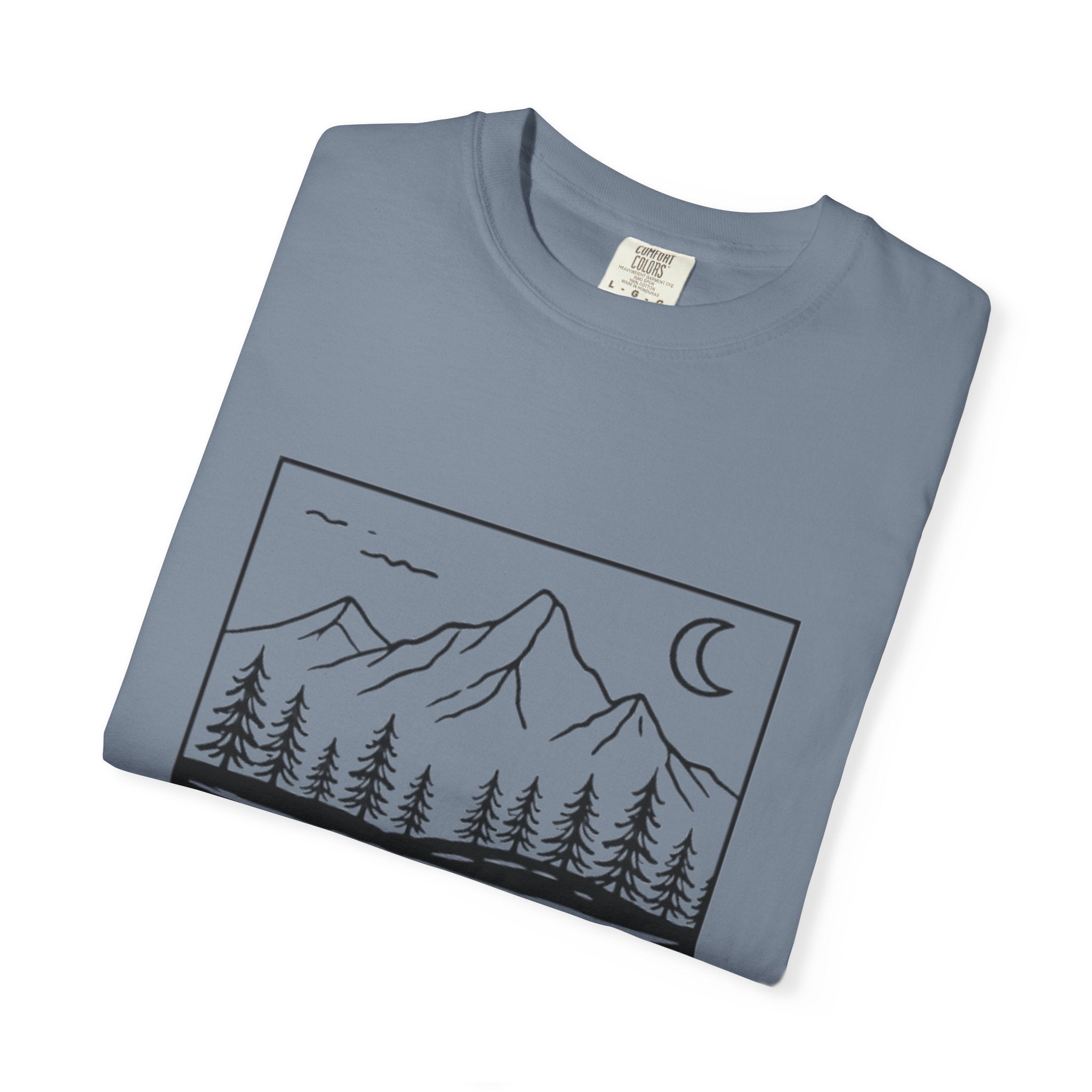 Mountain Lake T-Shirt | Minimal Nightscape with Pine Trees & Crescent Moon