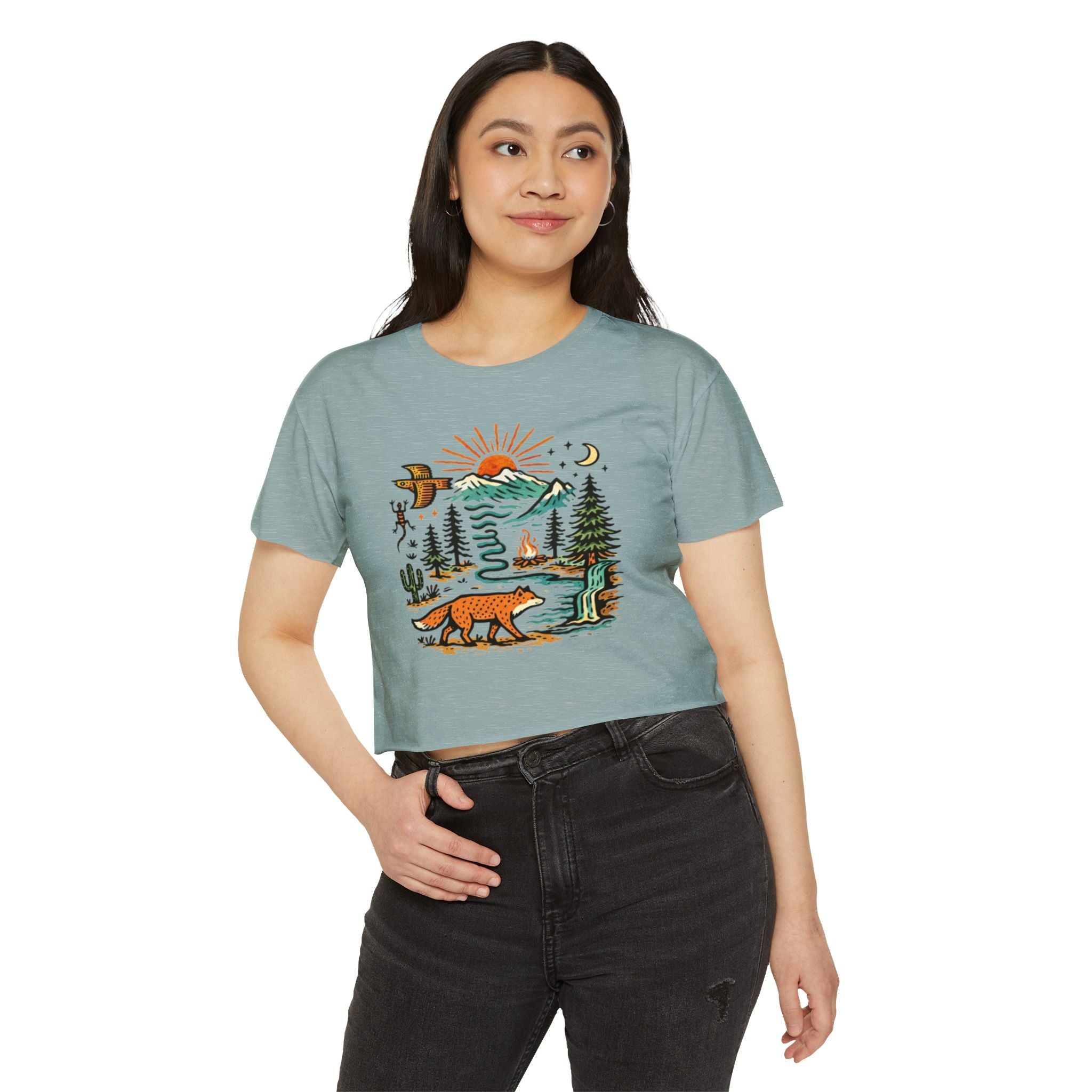 Wildlife Sunset Crop Top | Fox & Mountain Festival Tee