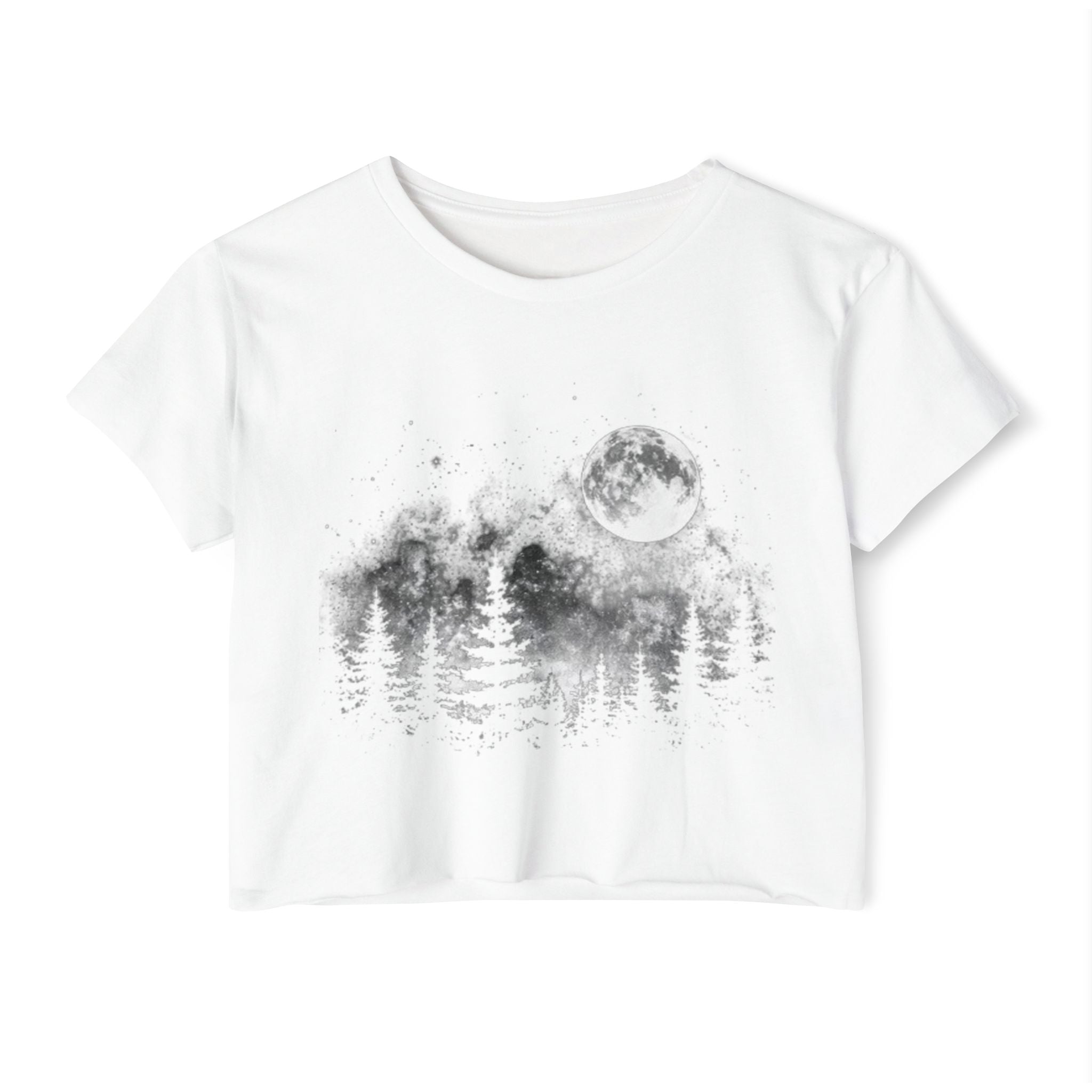 Moonlit Forest Crop Top | Women's Festival Moon & Pine Tree Graphic