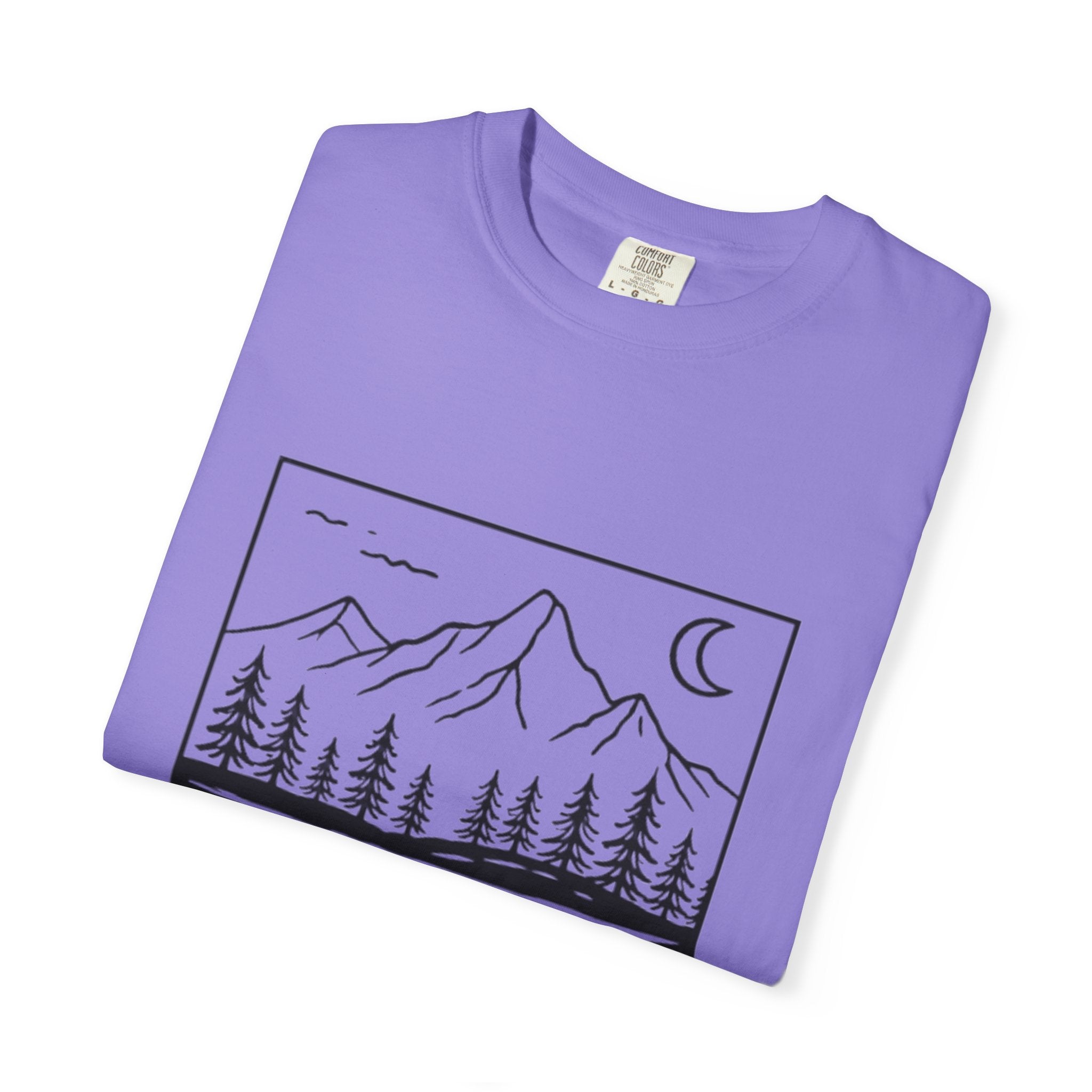 Mountain Lake T-Shirt | Minimal Nightscape with Pine Trees & Crescent Moon