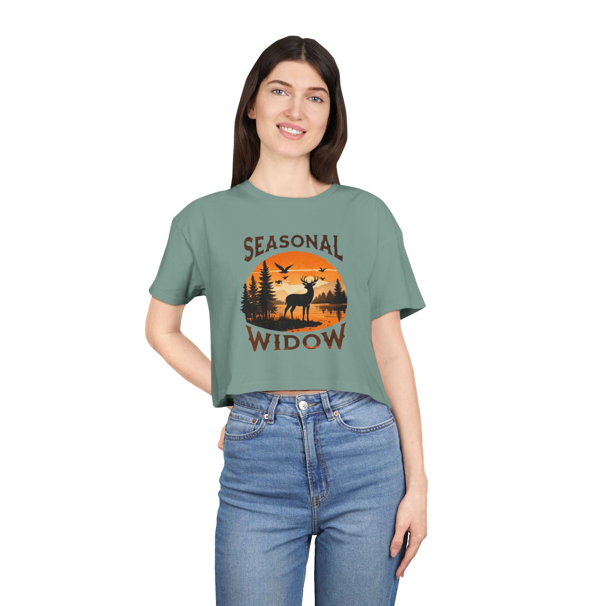 Seasonal Widow Crop Tee | Autumn Hunting Deer Sunset Graphic