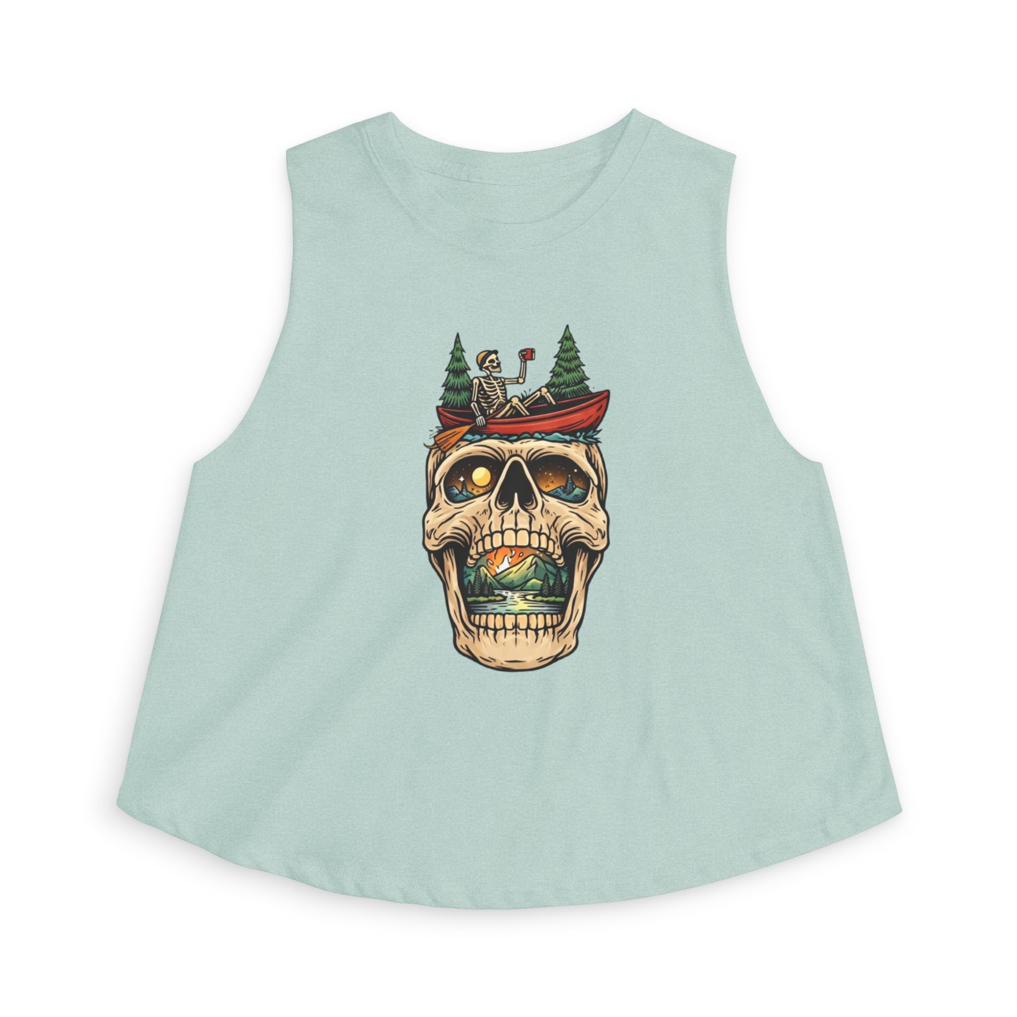 Skull Canoe Crop Top | Adventure Lake Graphic Tank Top for Women