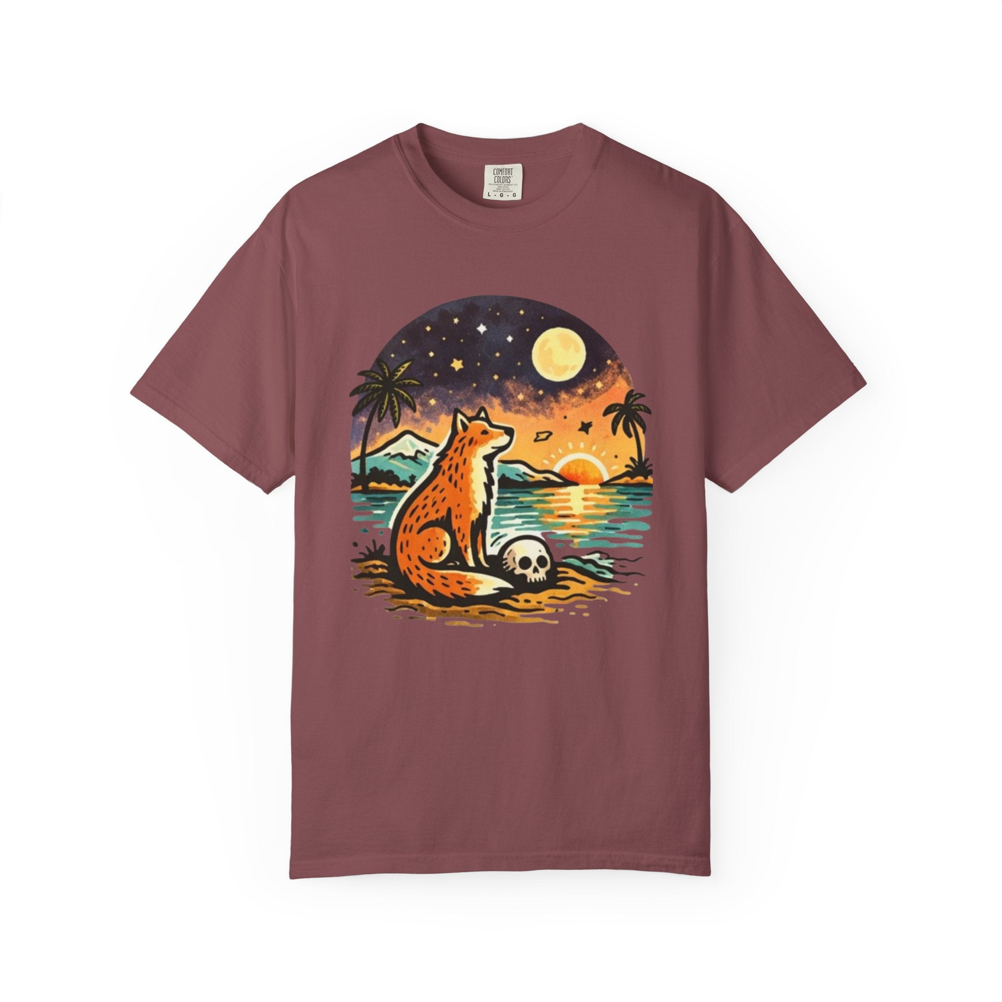 Fox Sunset T-Shirt - Beach Fox Graphic Tee with Skull, Moon & Palm Trees