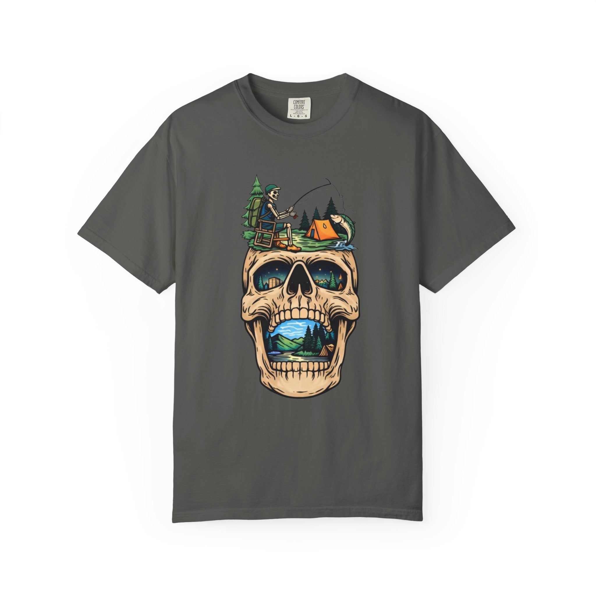 Skull Camping Scene T-shirt | Fishing Camper, Tent & Forest Graphic