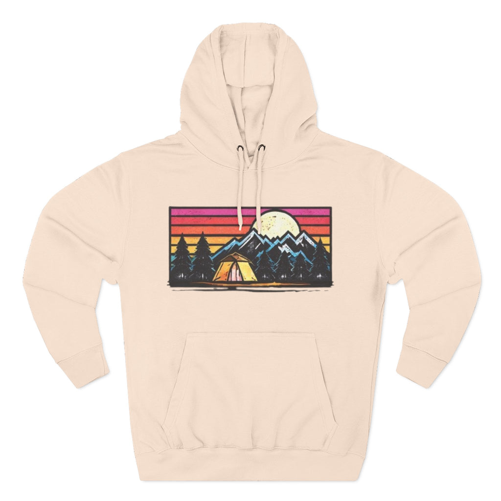 Retro Mountain Camping Hoodie — Sunrise Tent Graphic Fleece Hoodie