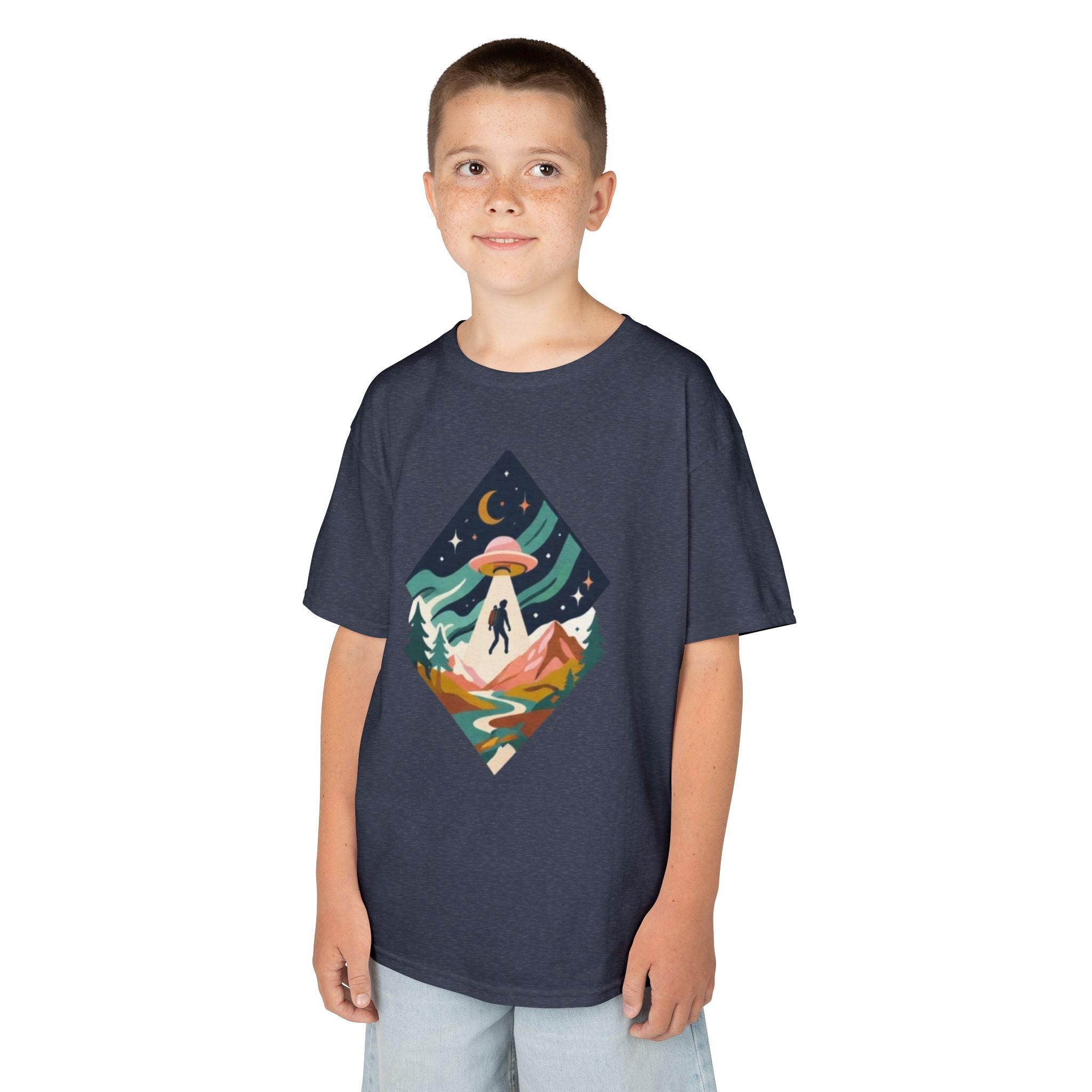 Kids Tee | Colorful UFO Abduction Mountain Scene
