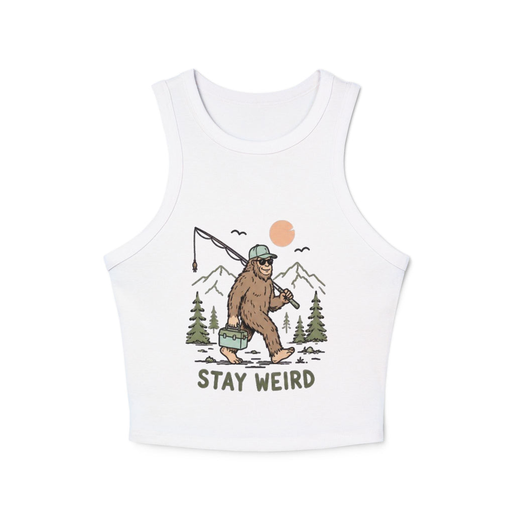 Stay Weird Sasquatch Fishing Tank Top | Womens Cropped Rib Racer