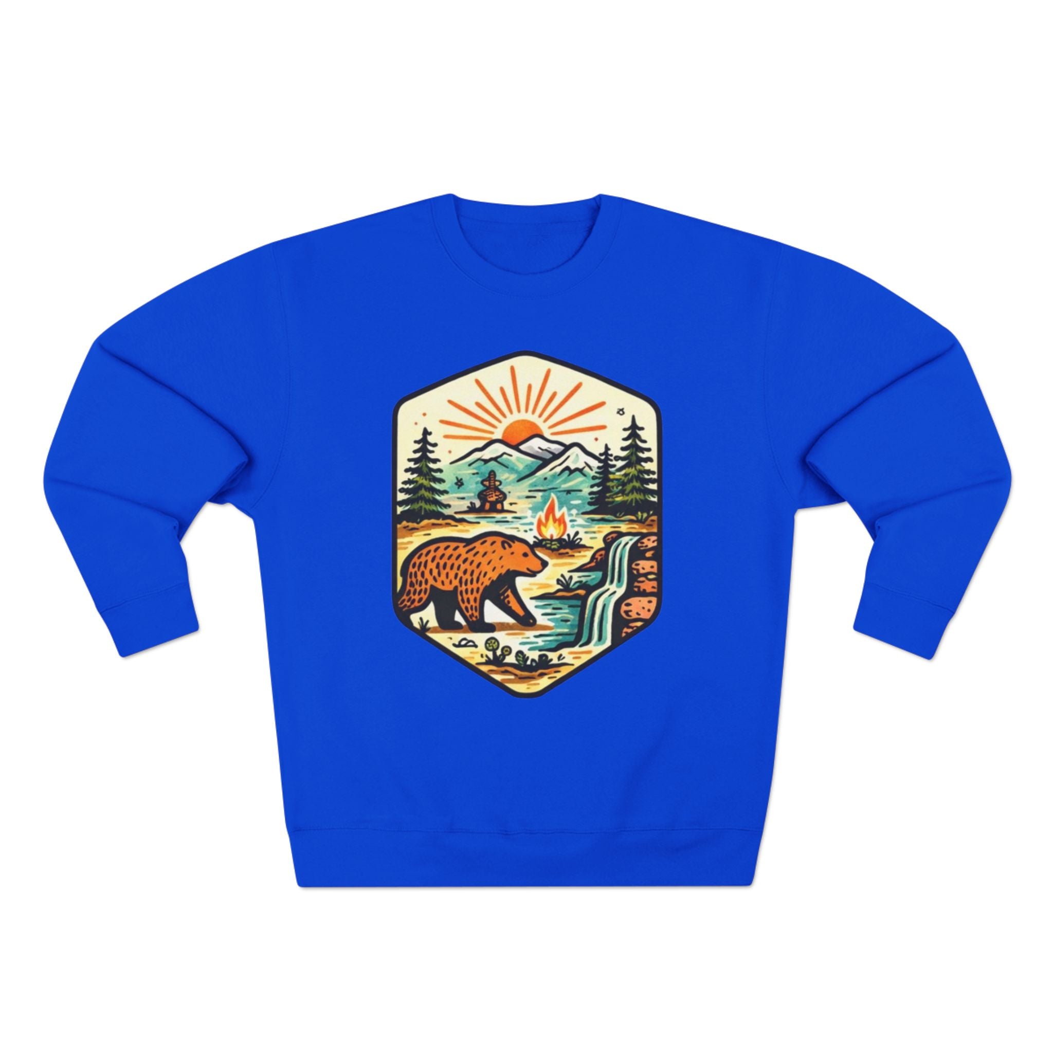 Bear Wilderness Crewneck Sweatshirt | Scenic Campfire Mountain Patch Design
