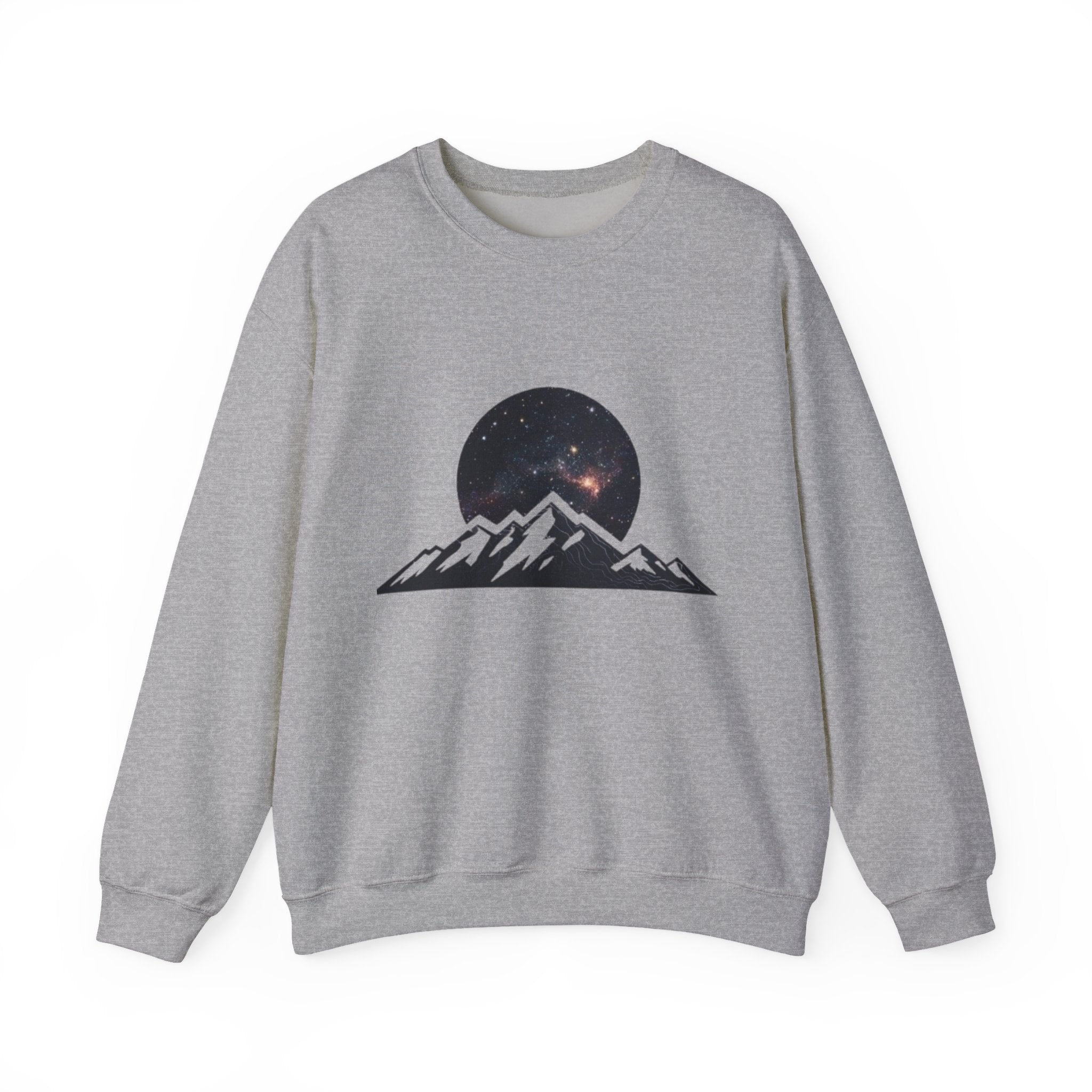 Mountain Night Crewneck Sweatshirt | Galaxy Moon & Peaks Graphic