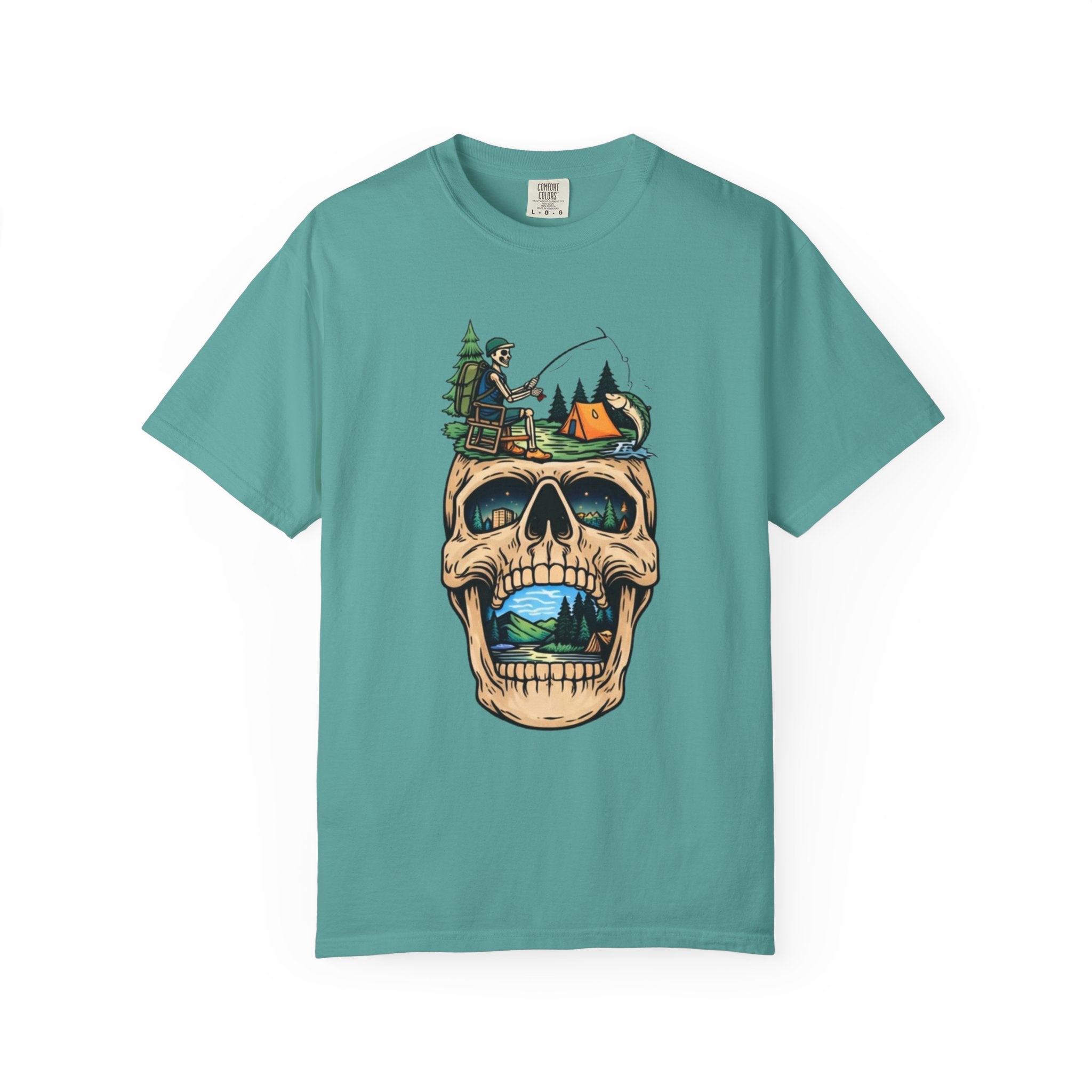 Skull Camping Scene T-shirt | Fishing Camper, Tent & Forest Graphic