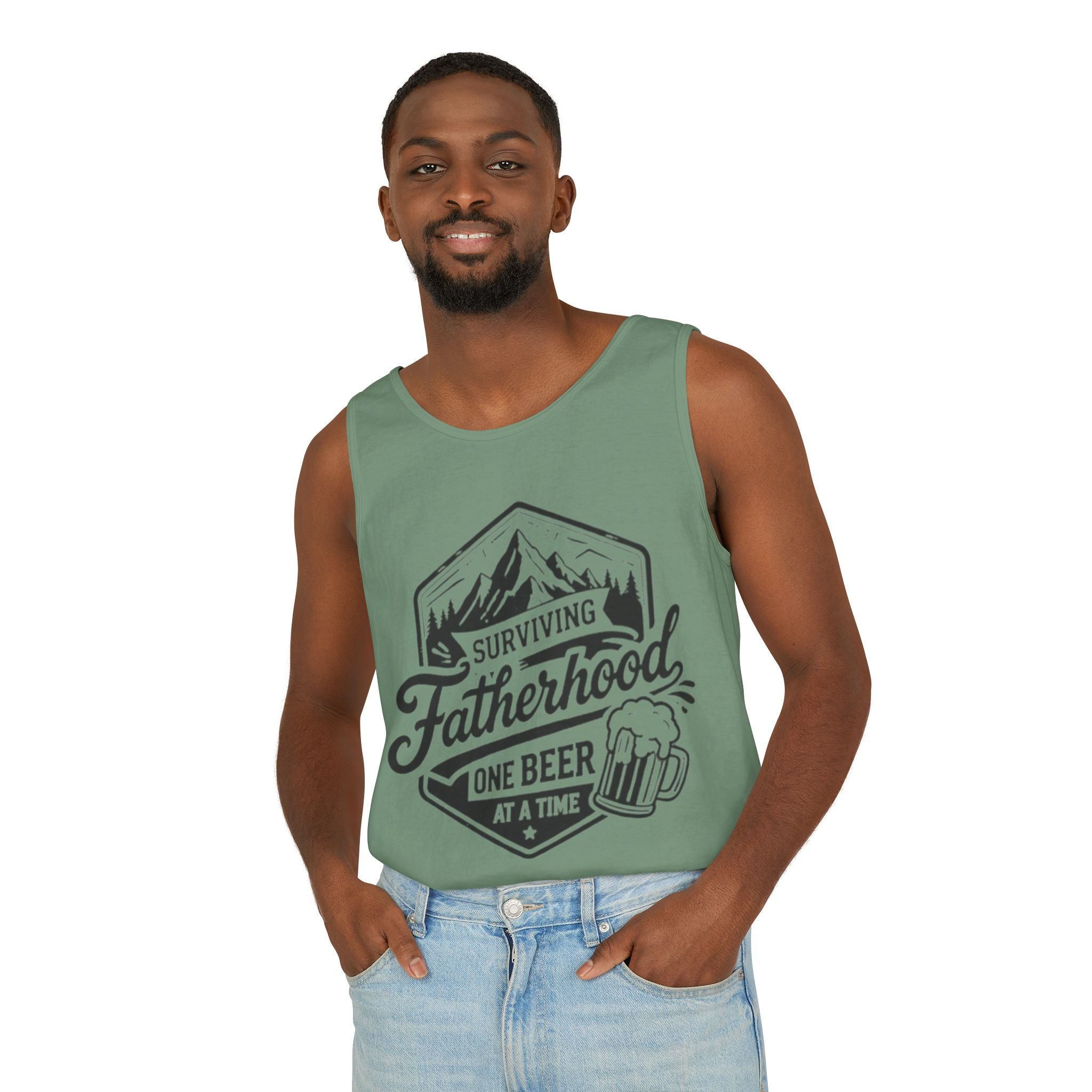 Fatherhood Tank Top | "Surviving Fatherhood One Beer at a Time" Graphic