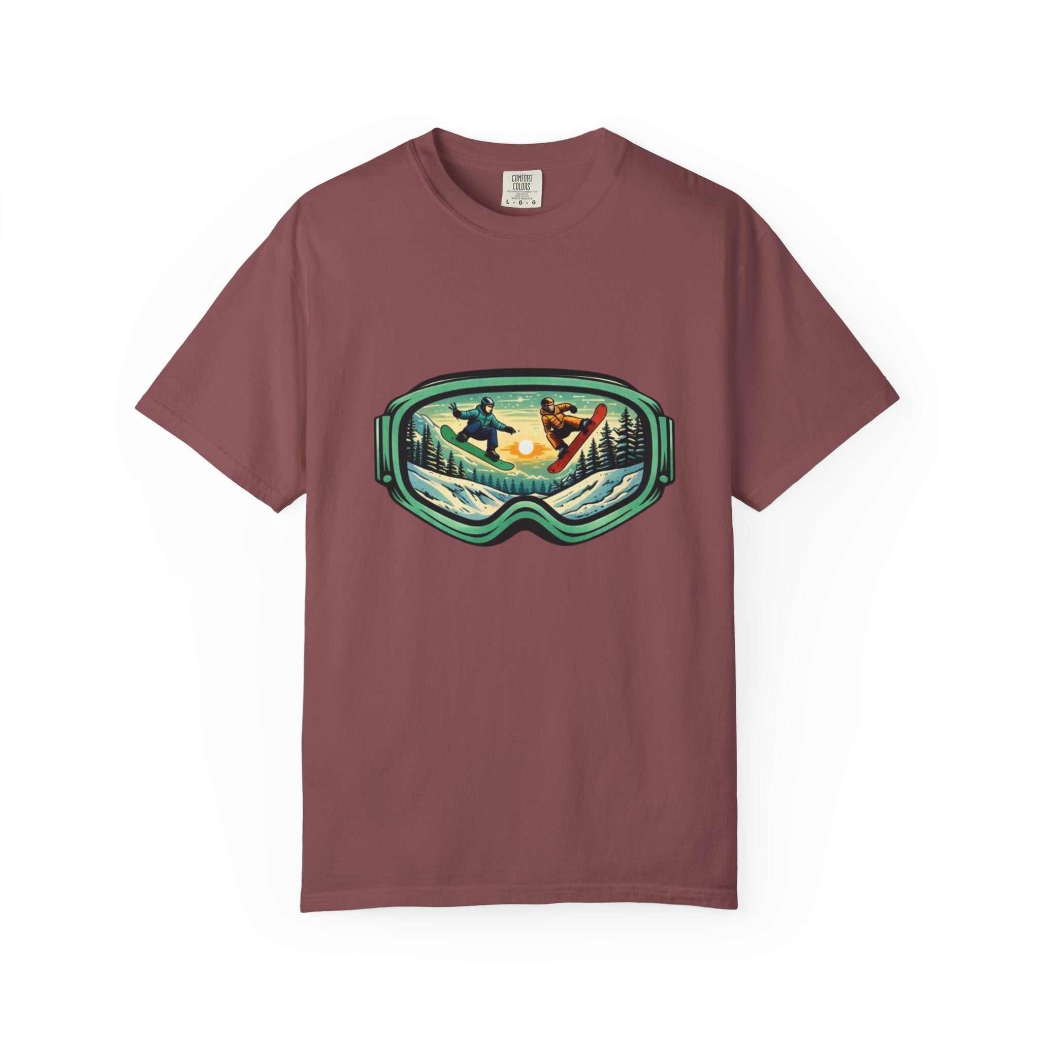 Snowboard Goggles Graphic T-Shirt | Mountain Scene with Ride the Ridge Design