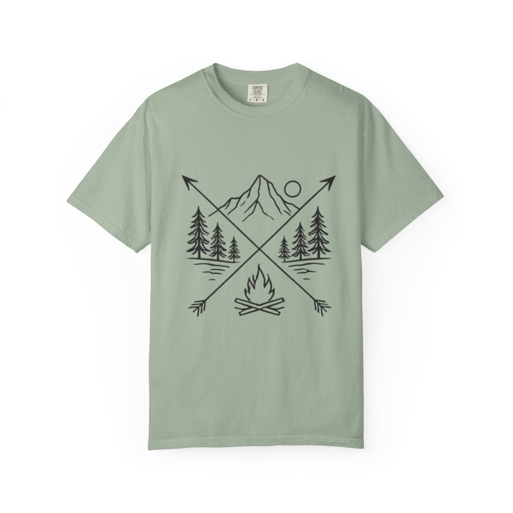Campfire Mountain T-Shirt | Outdoor Adventure Tee with Arrows & Pines