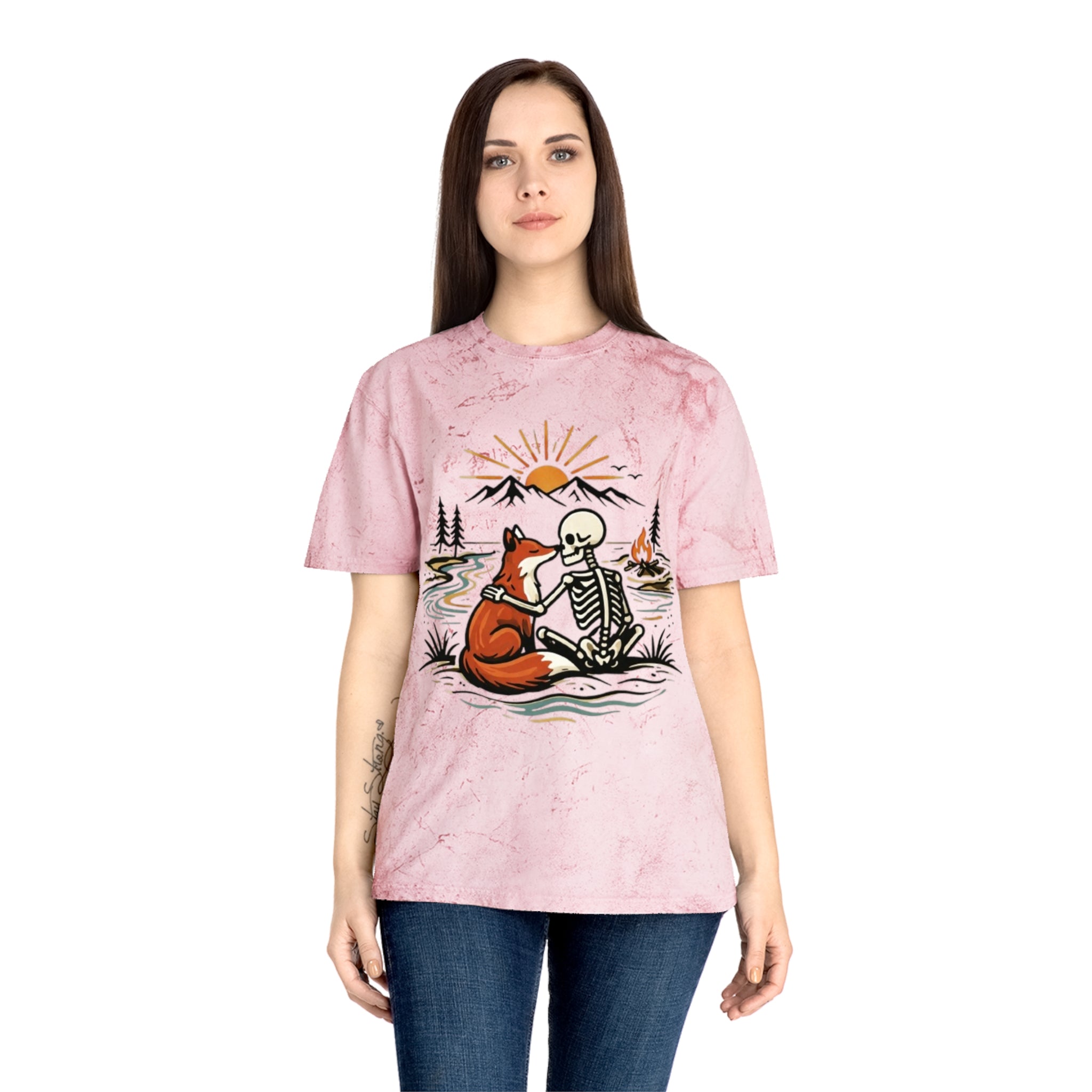 Fox & Skeleton Sunset T-Shirt | Vintage Nature Graphic Tee
