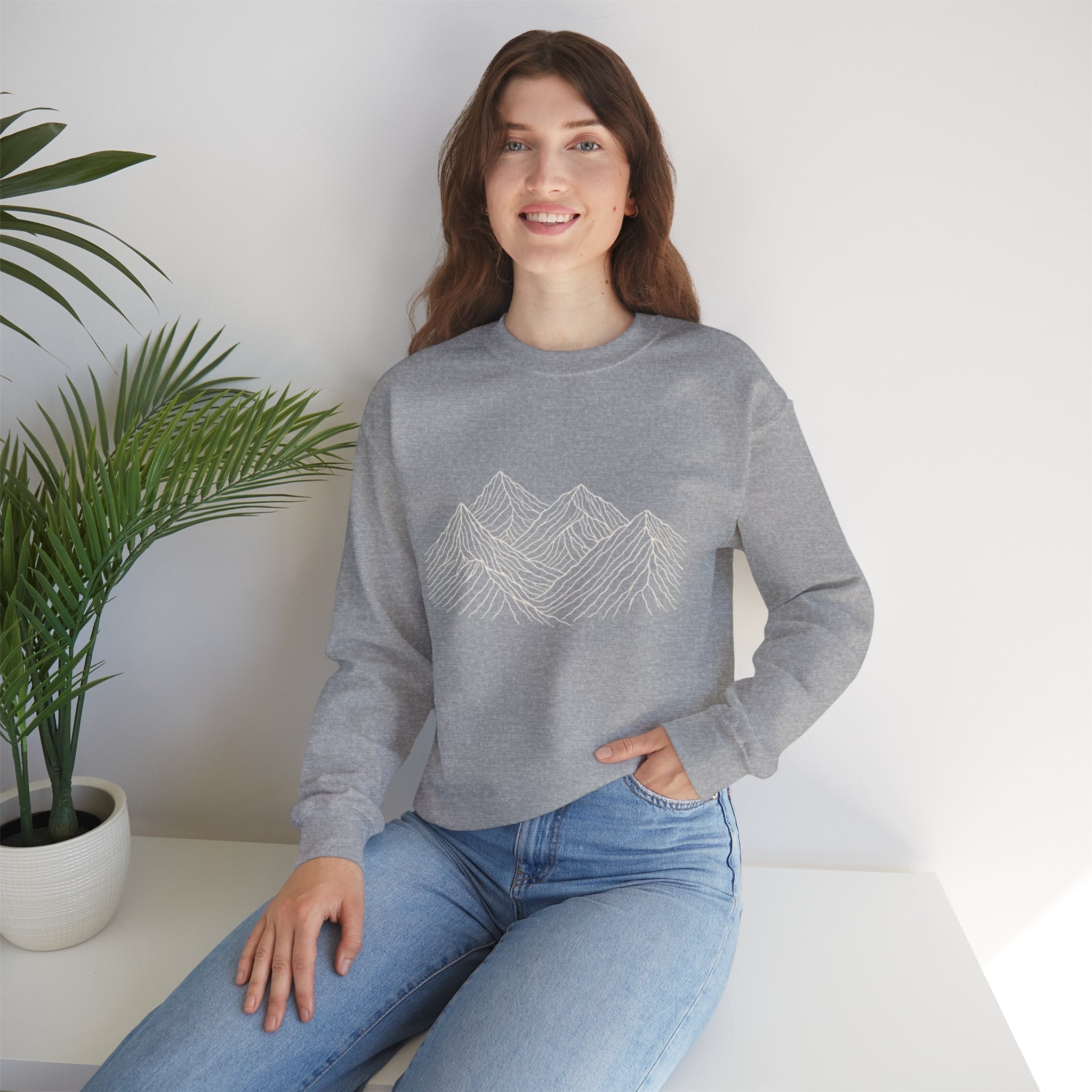 Mountain Line Art Crewneck Sweatshirt | Minimalist Outdoor Graphic Sweater