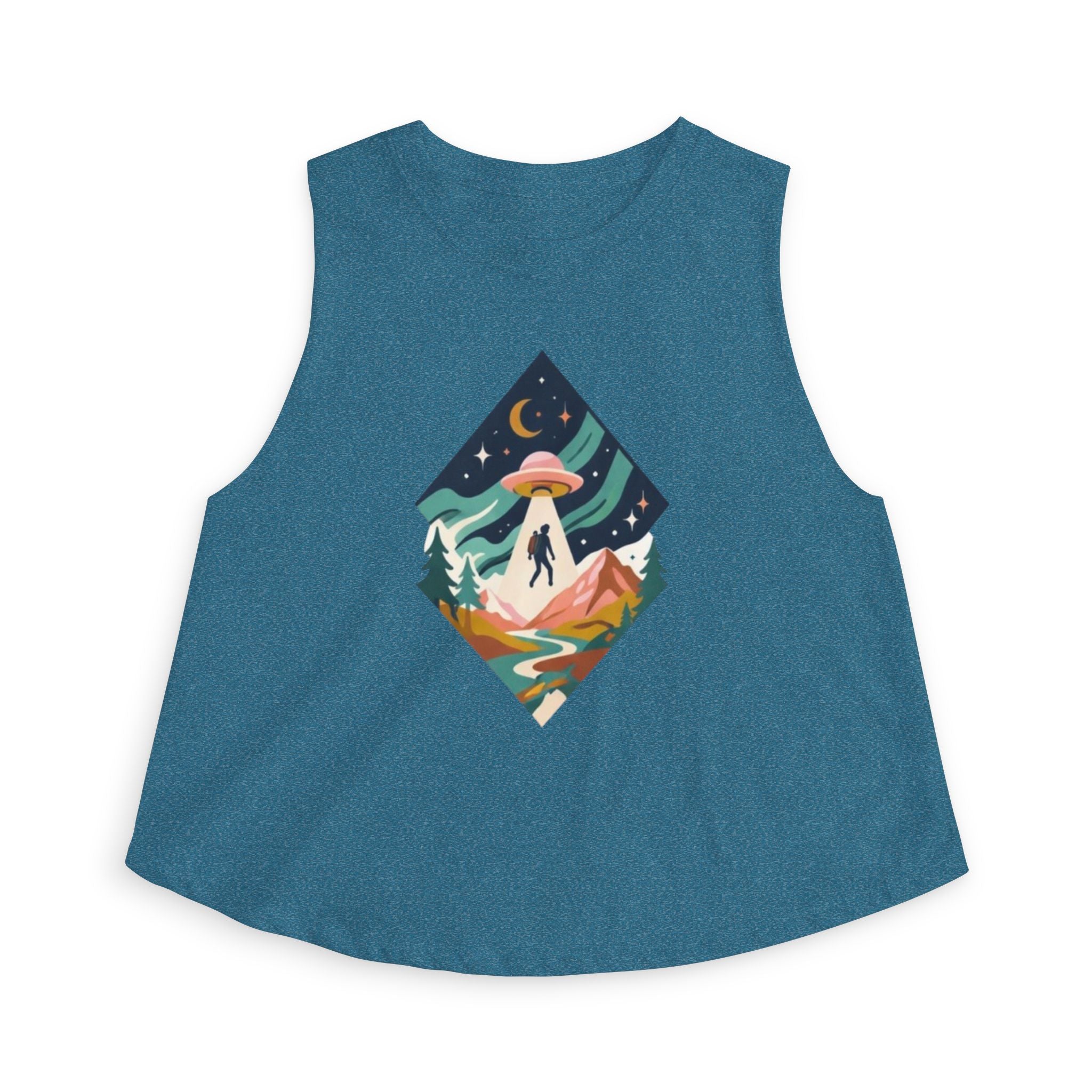 Alien Abduction Hiker Graphic Crop Top | Retro Mountain UFO Tank