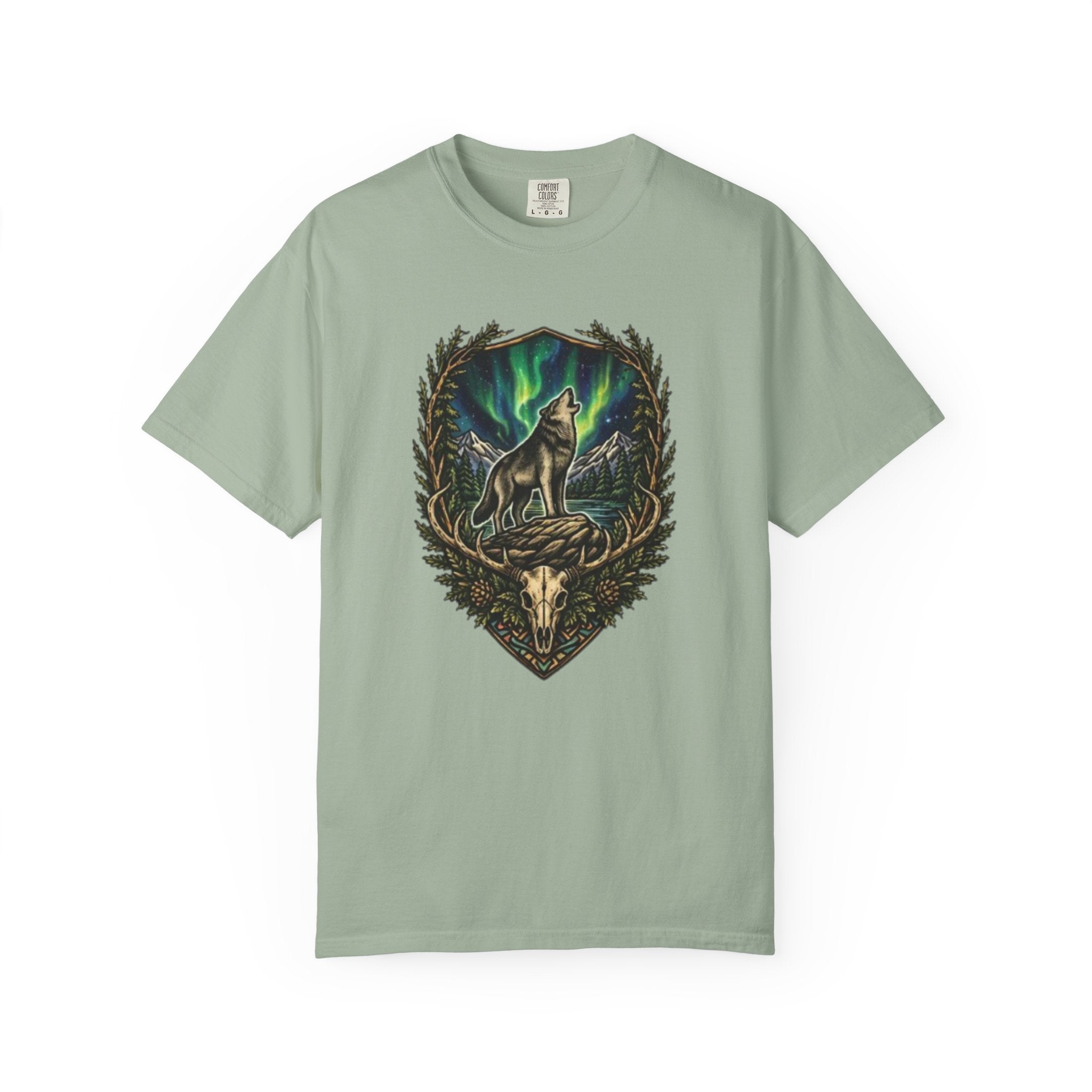 Deer Skull and Wolf Howling T-Shirt | Northern Lights Nature Graphic Tee