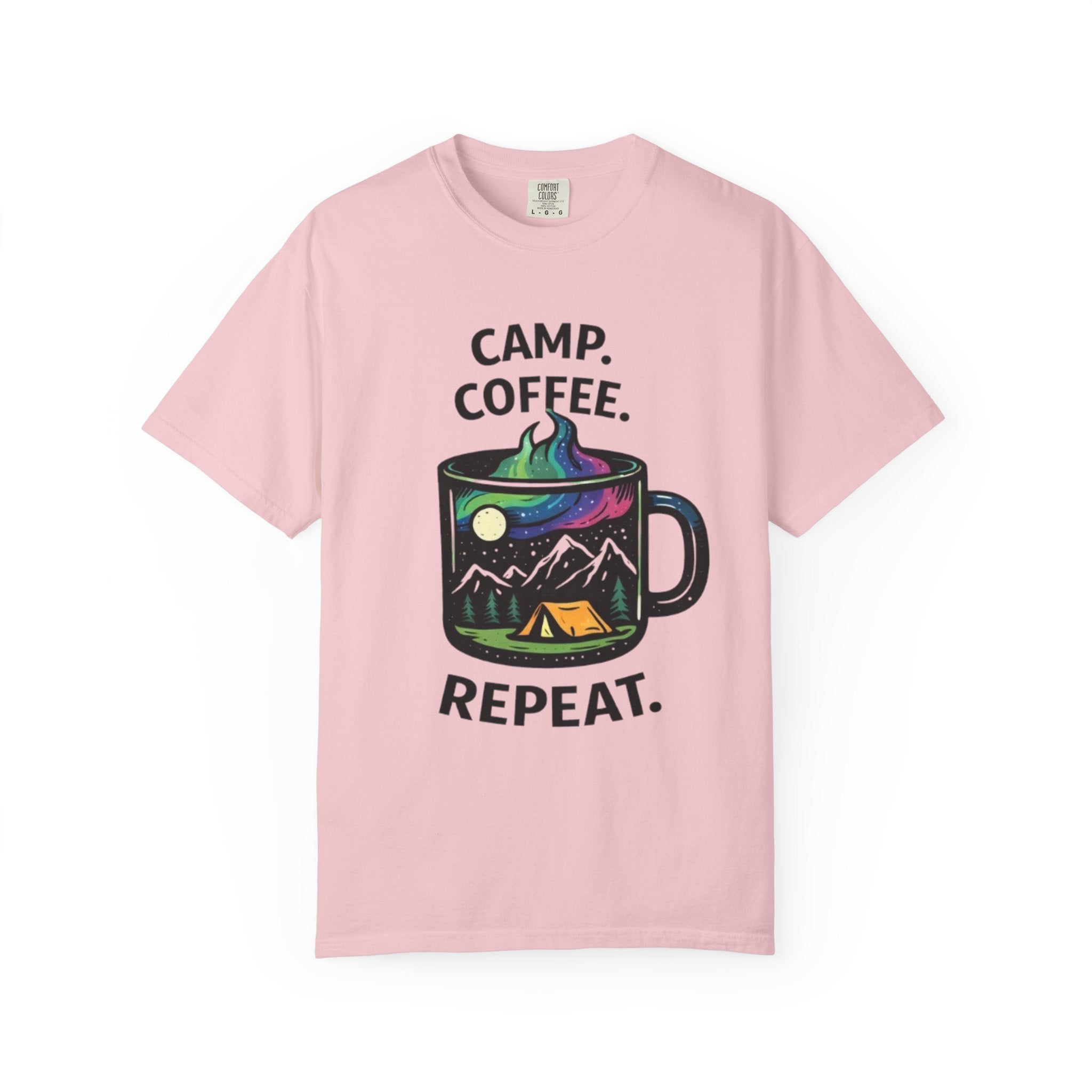 Camp Coffee Repeat T-Shirt | Camping Mug Graphic Tee