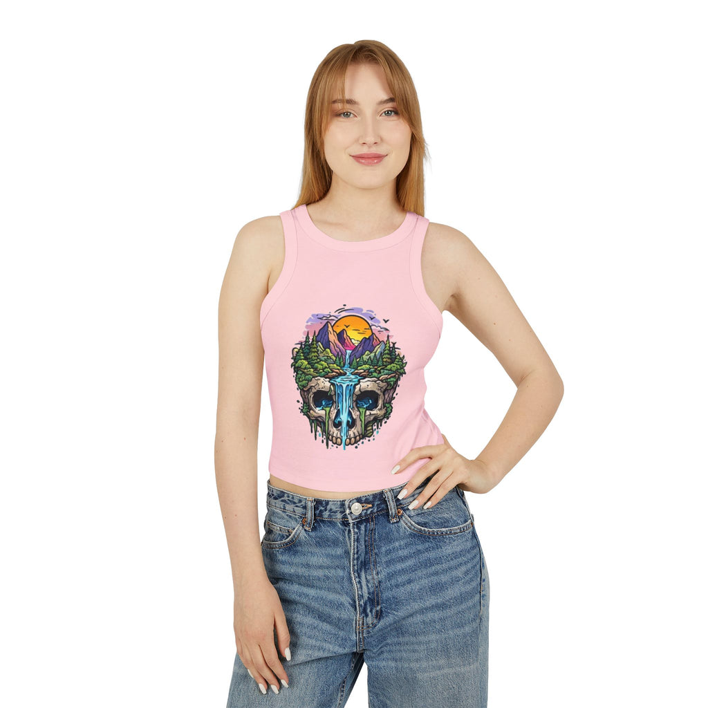 Womens Skull Landscape Racer Tank Top | Waterfall Skull Nature Graphic Crop