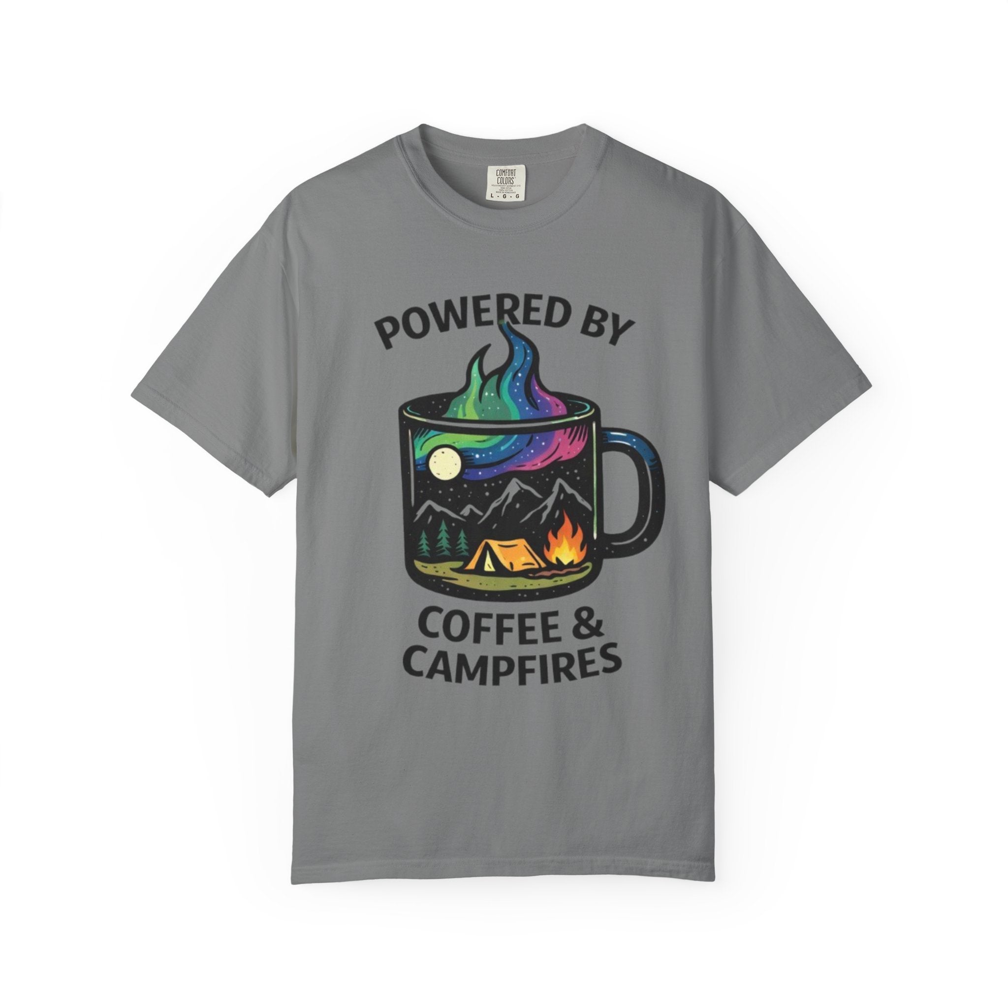Powered by Coffee & Campfires T-shirt | Camping Mug Nature Graphic