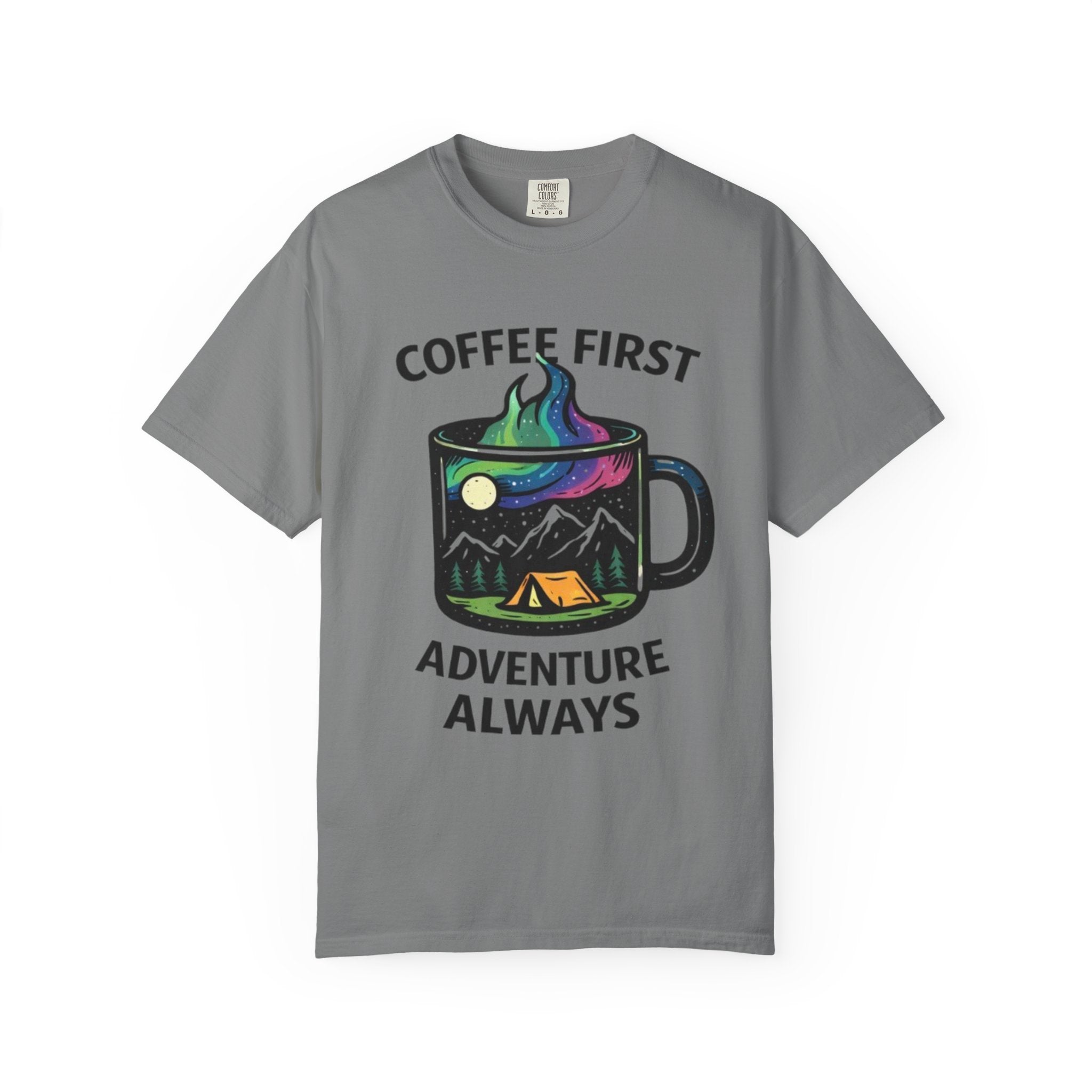 Coffee First Adventure Always T-Shirt | Camping Mug Mountain Design