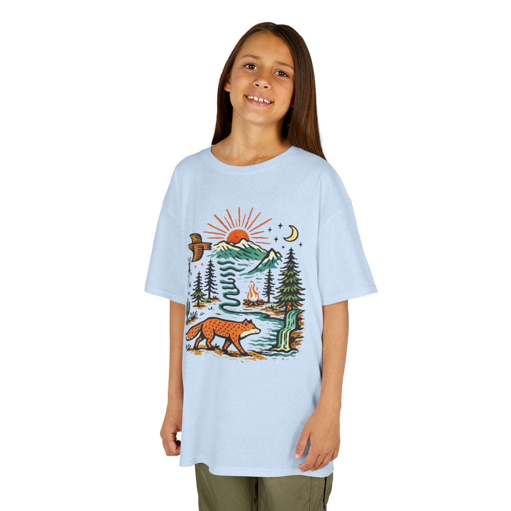 Kids T-Shirt | Retro Nature Scene with Fox Mountains & Sun | Adventure Outdoor Tee