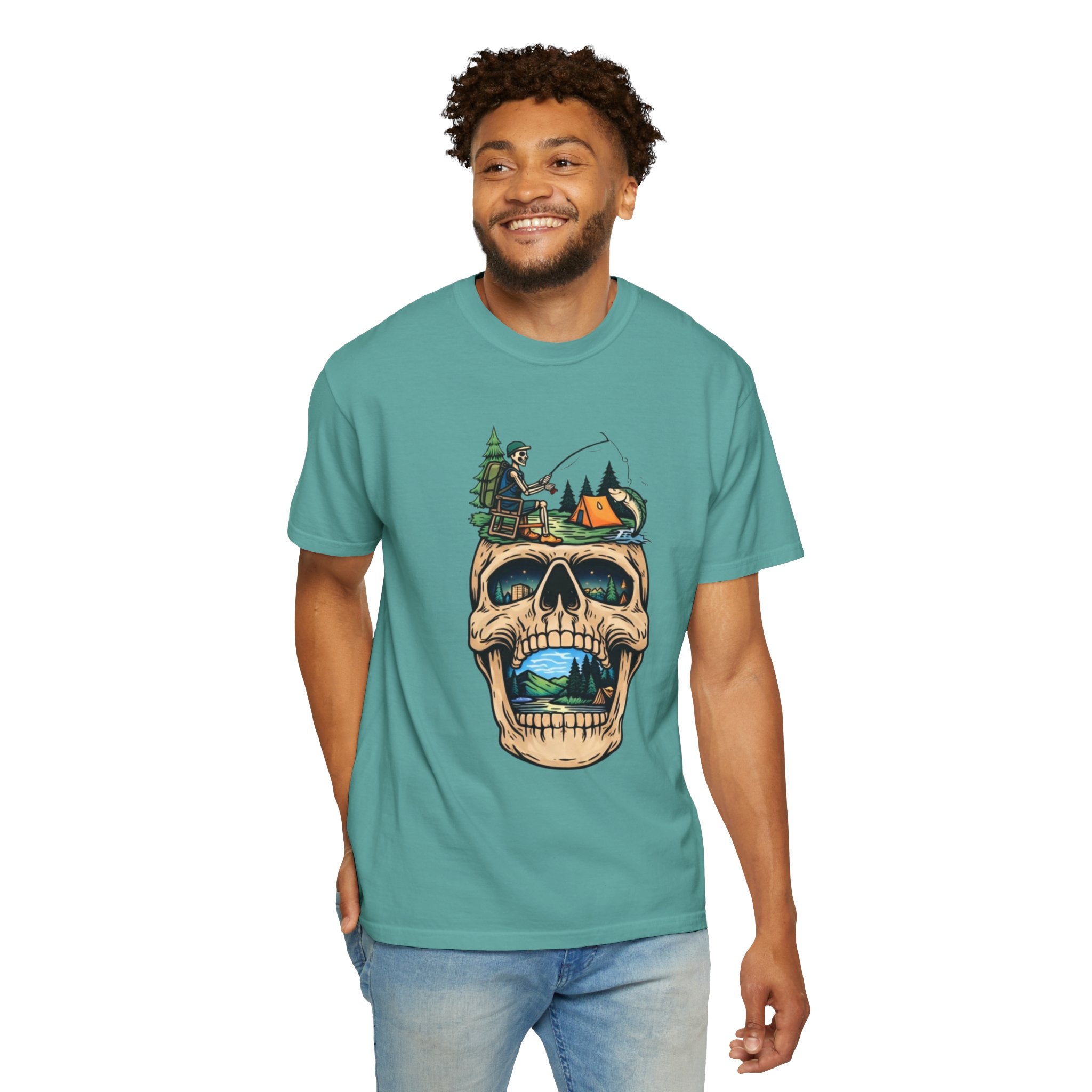 Skull Camping Scene T-shirt | Fishing Camper, Tent & Forest Graphic