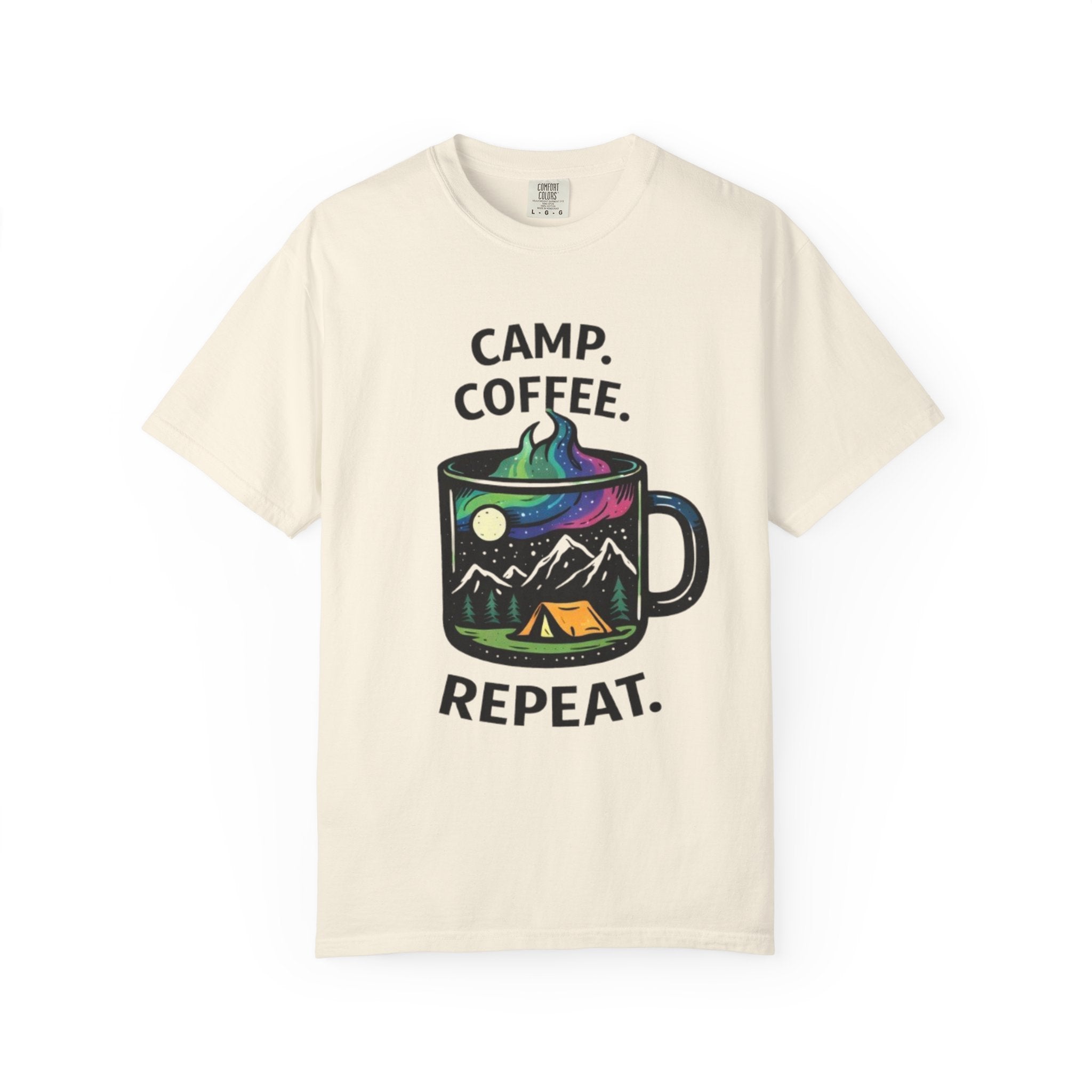 Camp Coffee Repeat T-Shirt | Camping Mug Graphic Tee
