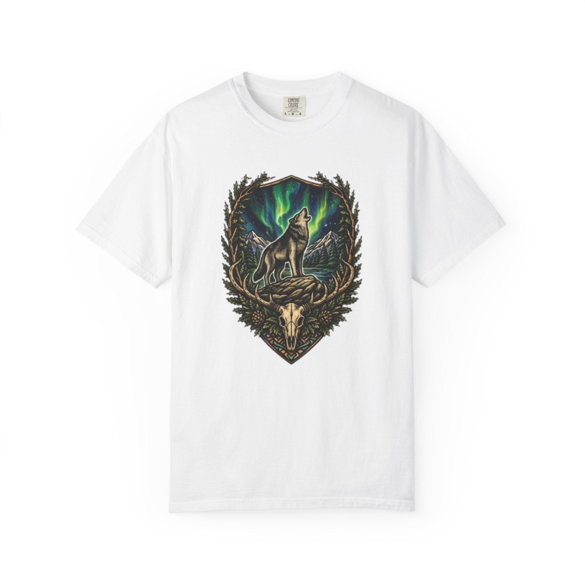 Deer Skull and Wolf Howling T-Shirt | Northern Lights Nature Graphic Tee