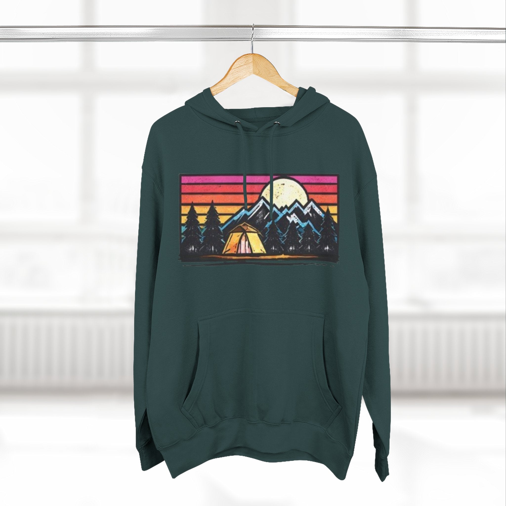 Retro Mountain Camping Hoodie — Sunrise Tent Graphic Fleece Hoodie