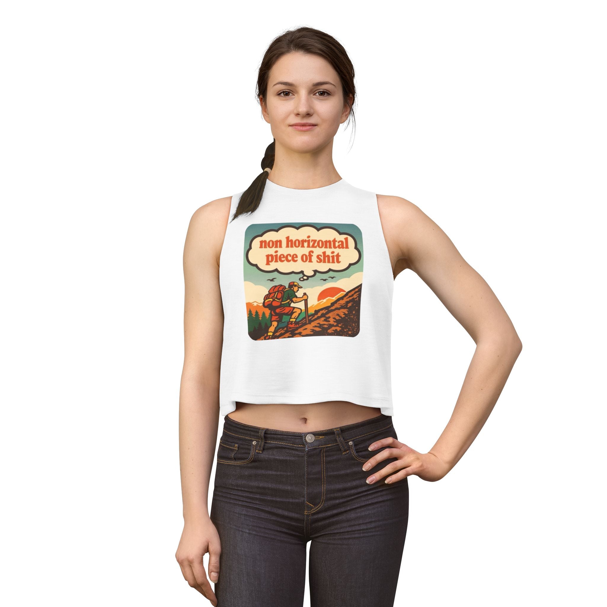 Hiking Graphic Crop Top | "non horizontal piece of shit" Retro Adventure Tank