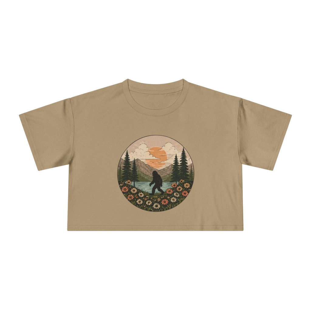 Bigfoot Sunset Crop Tee | Retro Mountain Floral Sasquatch Design