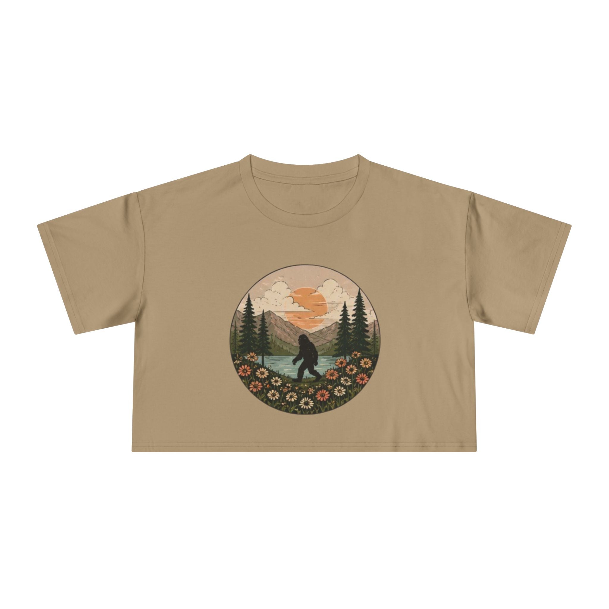 Bigfoot Sunset Crop Tee | Retro Mountain Floral Sasquatch Design