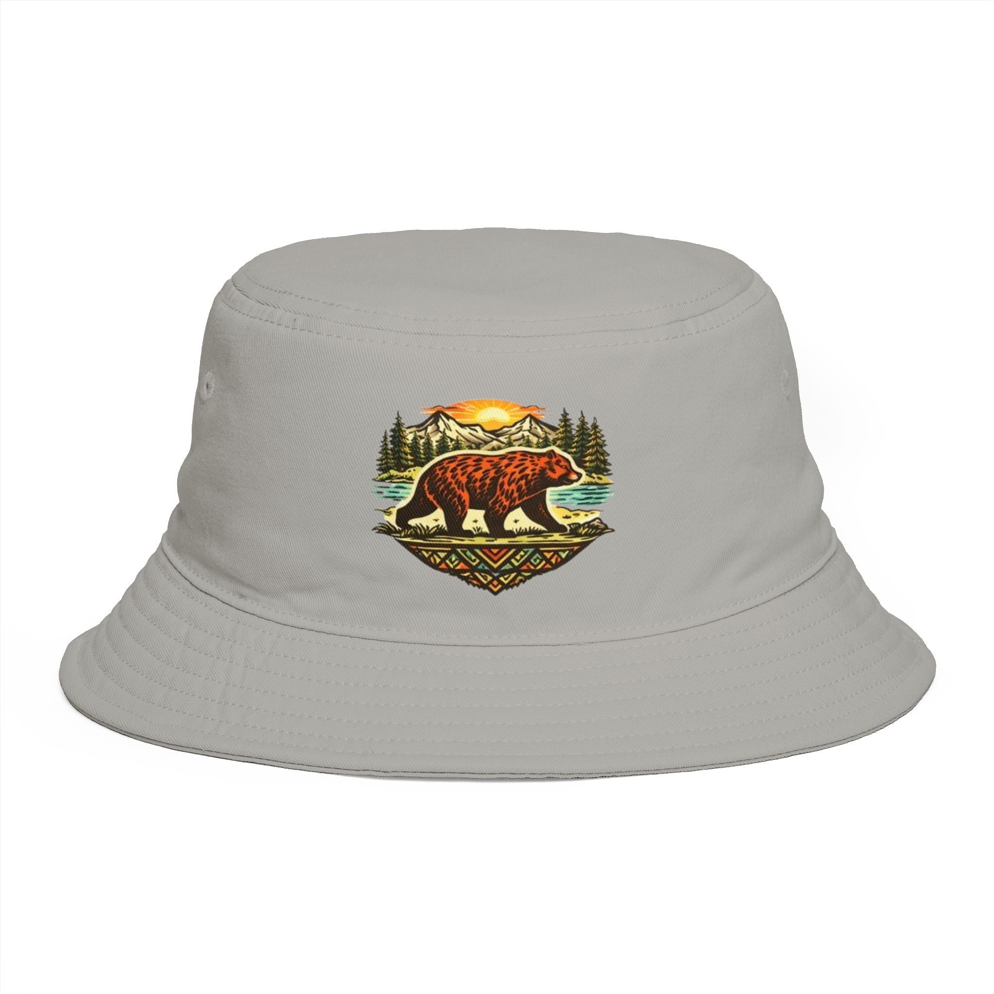 Bear Wilderness Bucket Hat | Retro Mountain Sunset Outdoor Cap