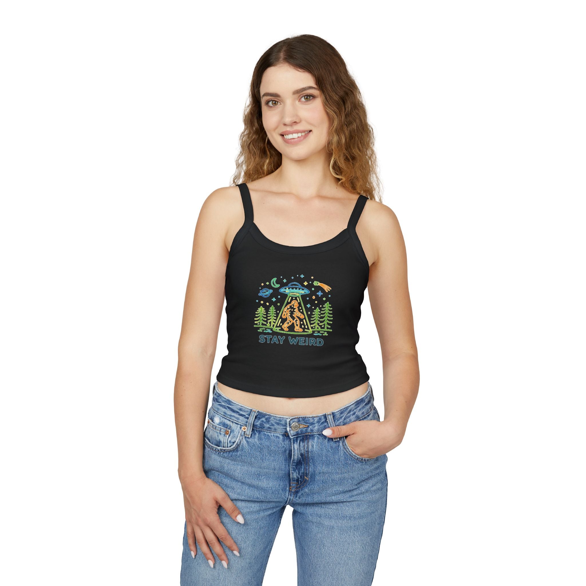 Spaghetti Tank | "Stay Weird" Alien Abduction Graphic Crop Top